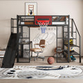 Merax Full Size Metal Loft Bed with Slide and Stairs, Loft Bed Frame with Built-in Desk, Open Wardrobe, Basketball Hoop, Space-Saving Loft Bed Frame with Storage Staircase for Kids Teens Boys, Black