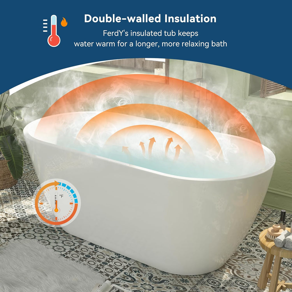 FerdY 59' Bali Elite Acrylic Freestanding Bathtub with Headrest, Gracefully Shaped Soaking Bathtub, cUPC Certified, Toe-Tap Brushed Nickel Drain & Overflow & Bath Pillow Included