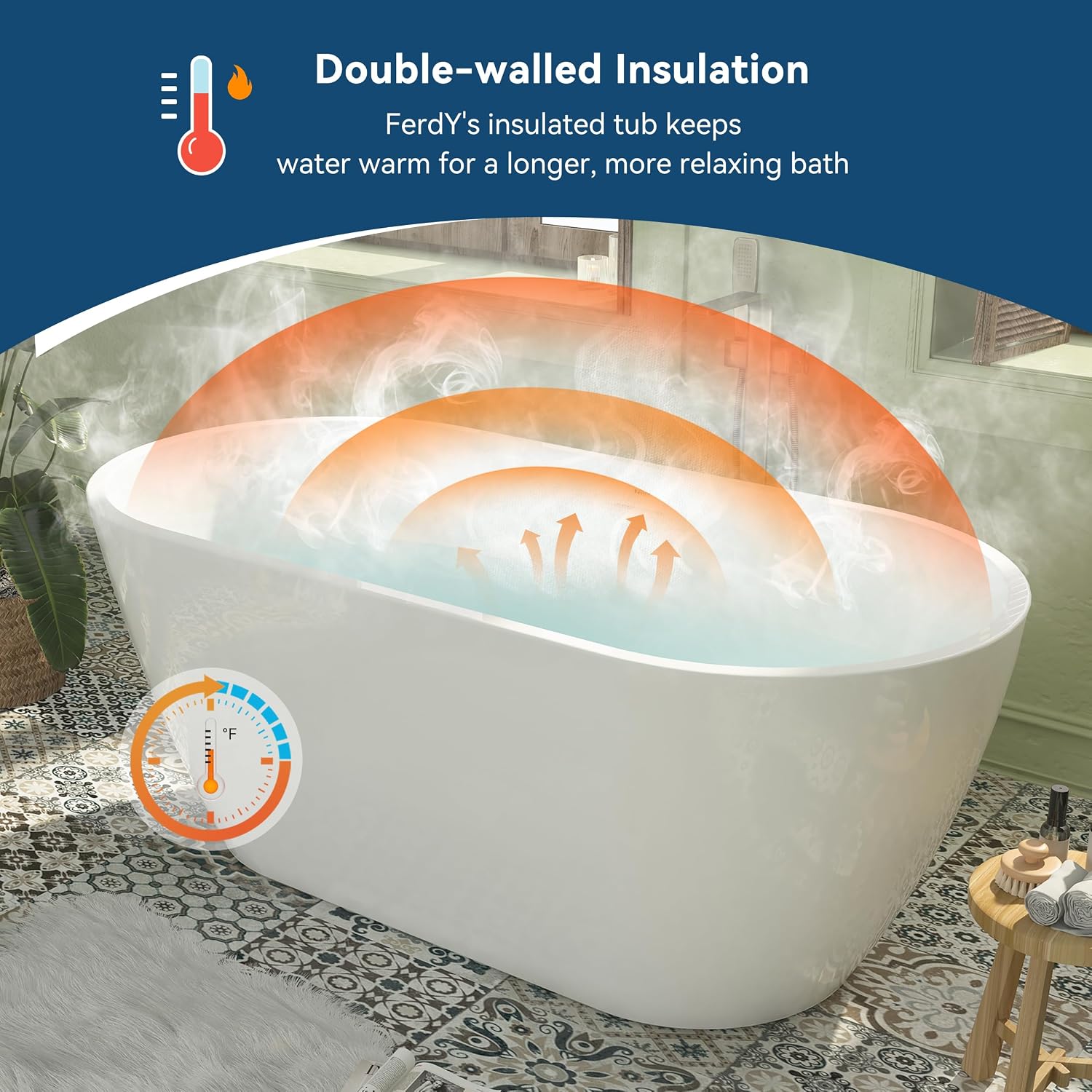 FerdY 59' Bali Elite Acrylic Freestanding Bathtub with Headrest, Gracefully Shaped Soaking Bathtub, cUPC Certified, Toe-Tap Brushed Nickel Drain & Overflow & Bath Pillow Included