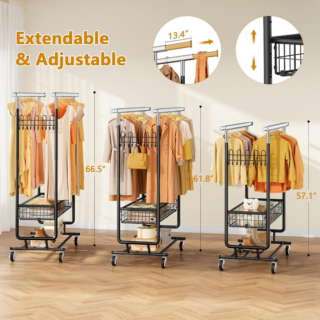 Gewudraw Heavy Duty Clothes Rack with Metal Basket, 1060 LBS Rolling Double Rod Garment Rack, Portable Extendable Clothing Rack with Wheel for Bedroom, Laundry Room & Retail Store