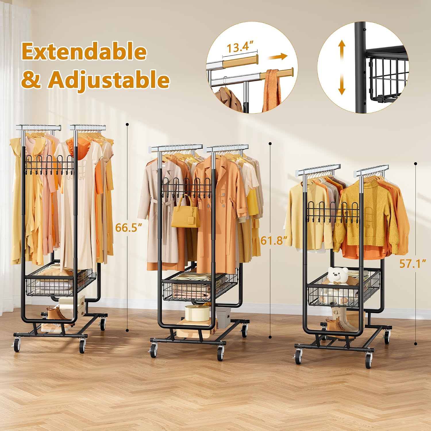 Gewudraw Heavy Duty Clothes Rack with Metal Basket, 1060 LBS Rolling Double Rod Garment Rack, Portable Extendable Clothing Rack with Wheel for Bedroom, Laundry Room & Retail Store