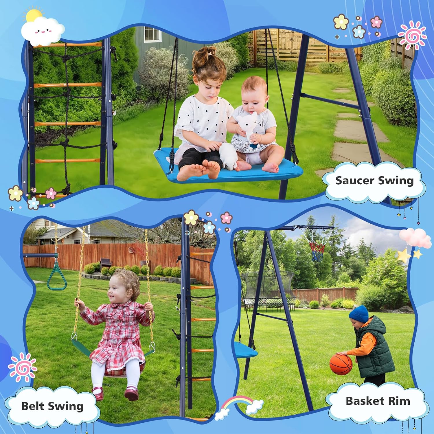 6 in 1 Backyard Swing Set, Heavy Metal A-Frame, Trapeze bar, Climbing net and Ladder, Basketball Hoop, Children's Outdoor Playground Swing Cover