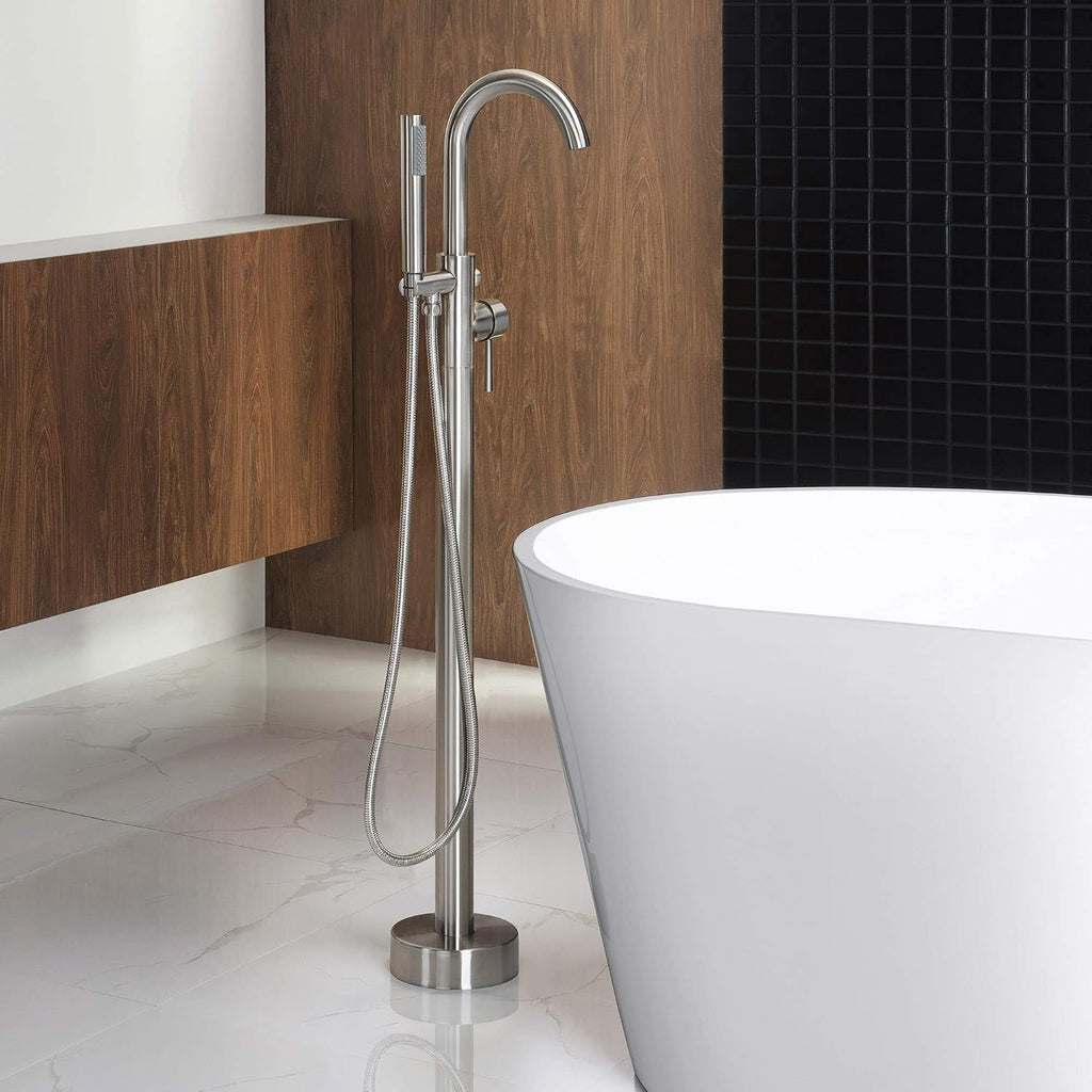 Woodbridge F0001 BN Freestanding Tub Filler Bathtub Brushed Nickel Floor Mount Brass Bathroom Faucets with Hand Shower