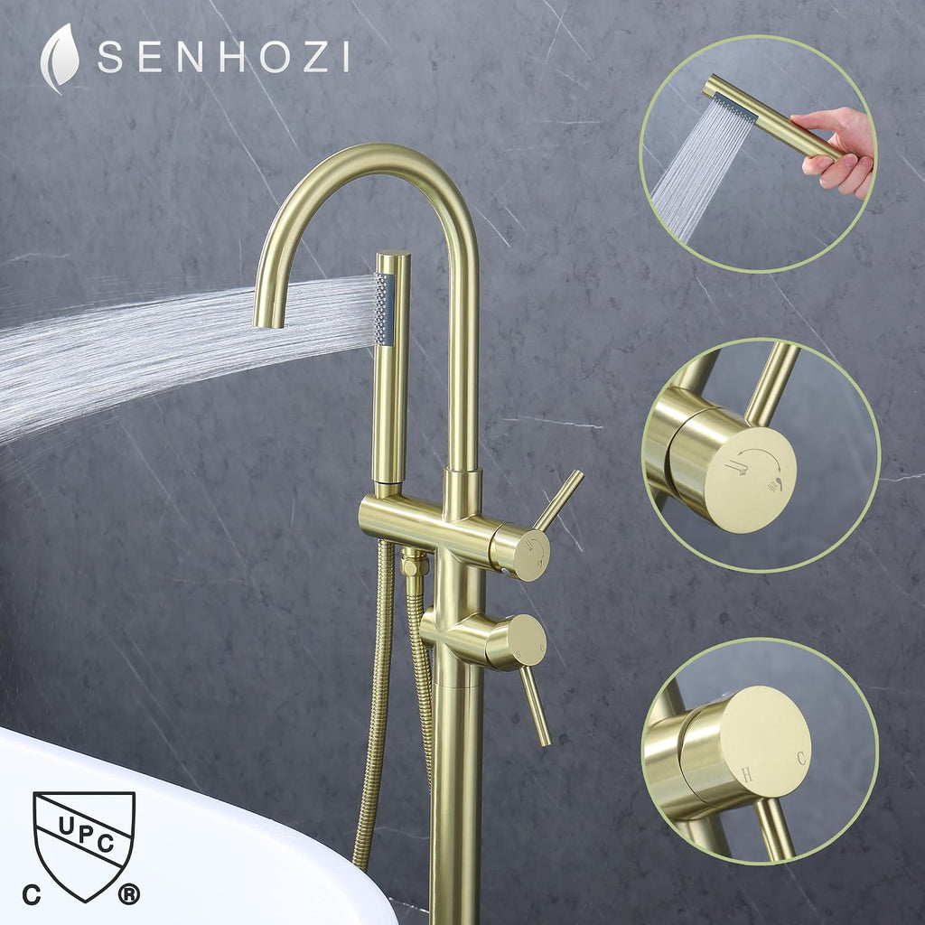 Freestanding Tub Faucet Floor Mount Tub Fillers, Senhozi Brushed Gold Free Standing Tub Faucets, Mixer Tap Two Handle Gold Freestanding Bathtub Faucet with Hand Shower, SE-3001-BG