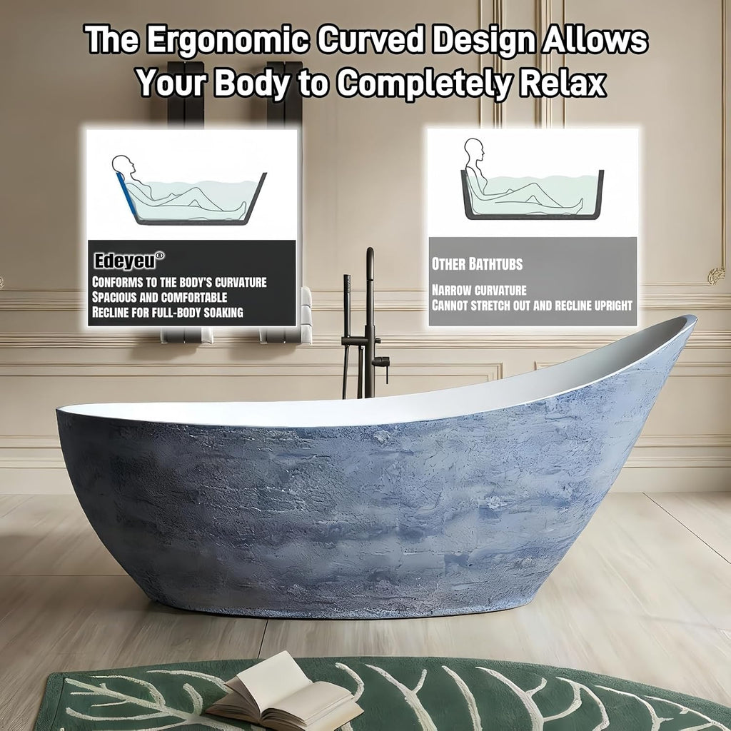 75' Edeyeu Freestanding Bathtub - Luxury Stone Texture Solid Surface Bathtub Soaking Tub With Extra Deep Ergonomic High Back Design, Modern Designer Free Standing Tub, Style C