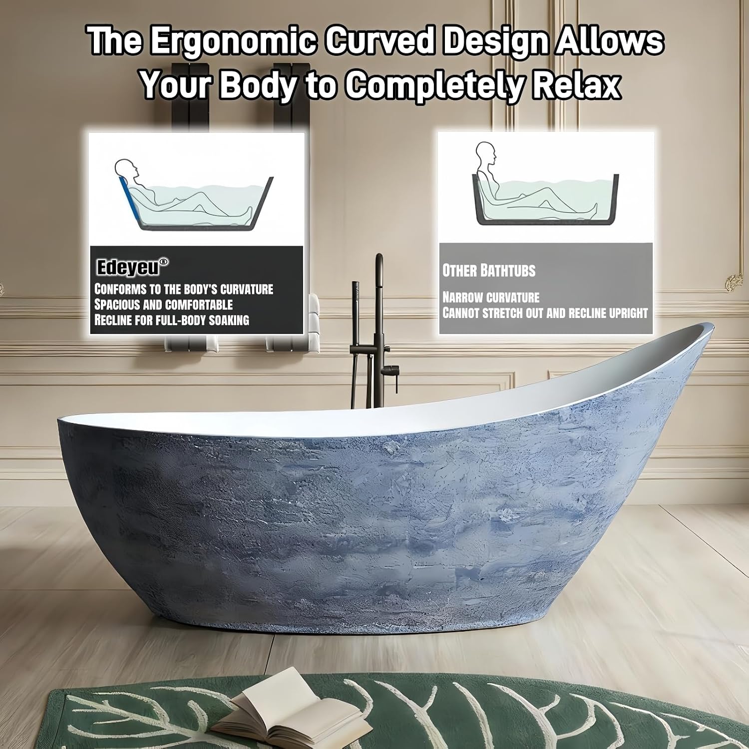 75' Edeyeu Freestanding Bathtub - Luxury Stone Texture Solid Surface Bathtub Soaking Tub With Extra Deep Ergonomic High Back Design, Modern Designer Free Standing Tub, Style C