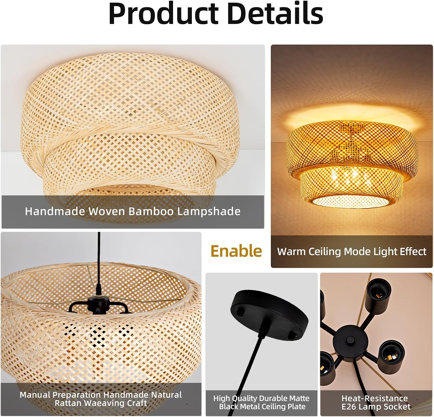 23.62' Bamboo Pendant Light,Boho Rattan Hanging Light,Hand Woven Wicker Chandelier for Kitchen Island for Kitchen Island Dining Bedroom Living Room Restaurants