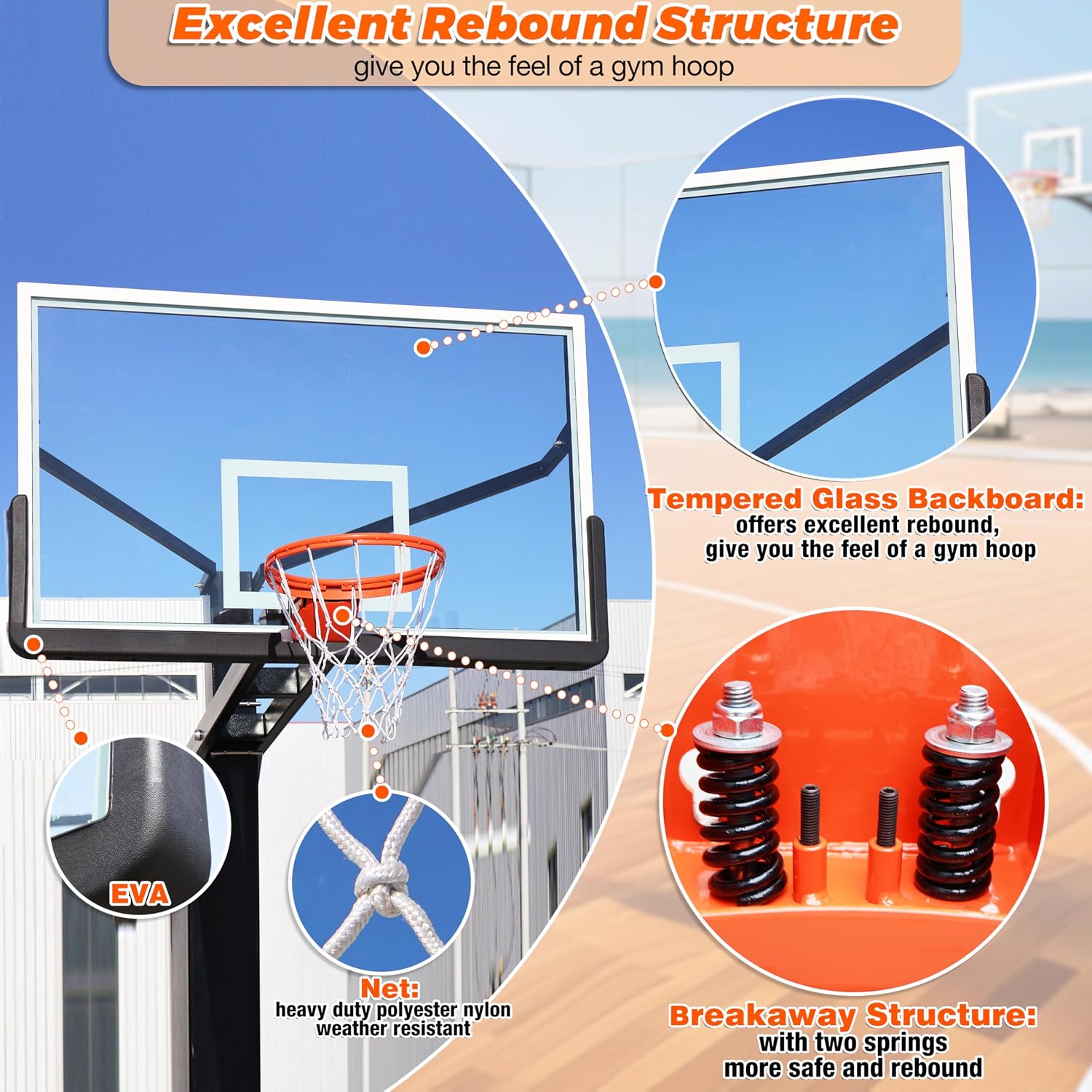 72 Inch Inground Basketball Hoop with Tempered Glass Backboard and 7.2 inch Square Pole Adjust Height from 5.4 Ft to 10 Ft with 3.8 Ft - 4.4 Ft Overhang for All Levels of Play