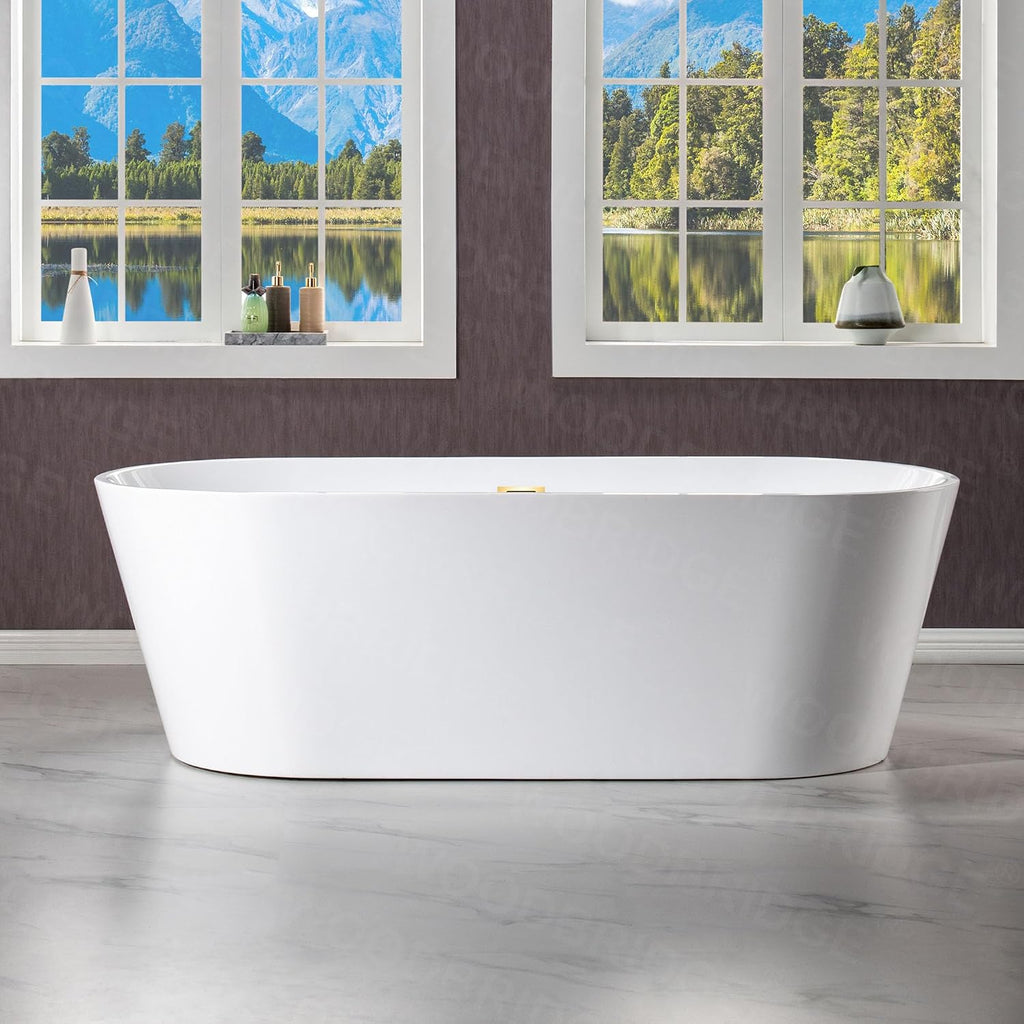 WOODBRIDGE 71' Acrylic Freestanding Bathtub Contemporary Soaking White Tub with Brushed Gold Overflow and Drain,B1701-BG