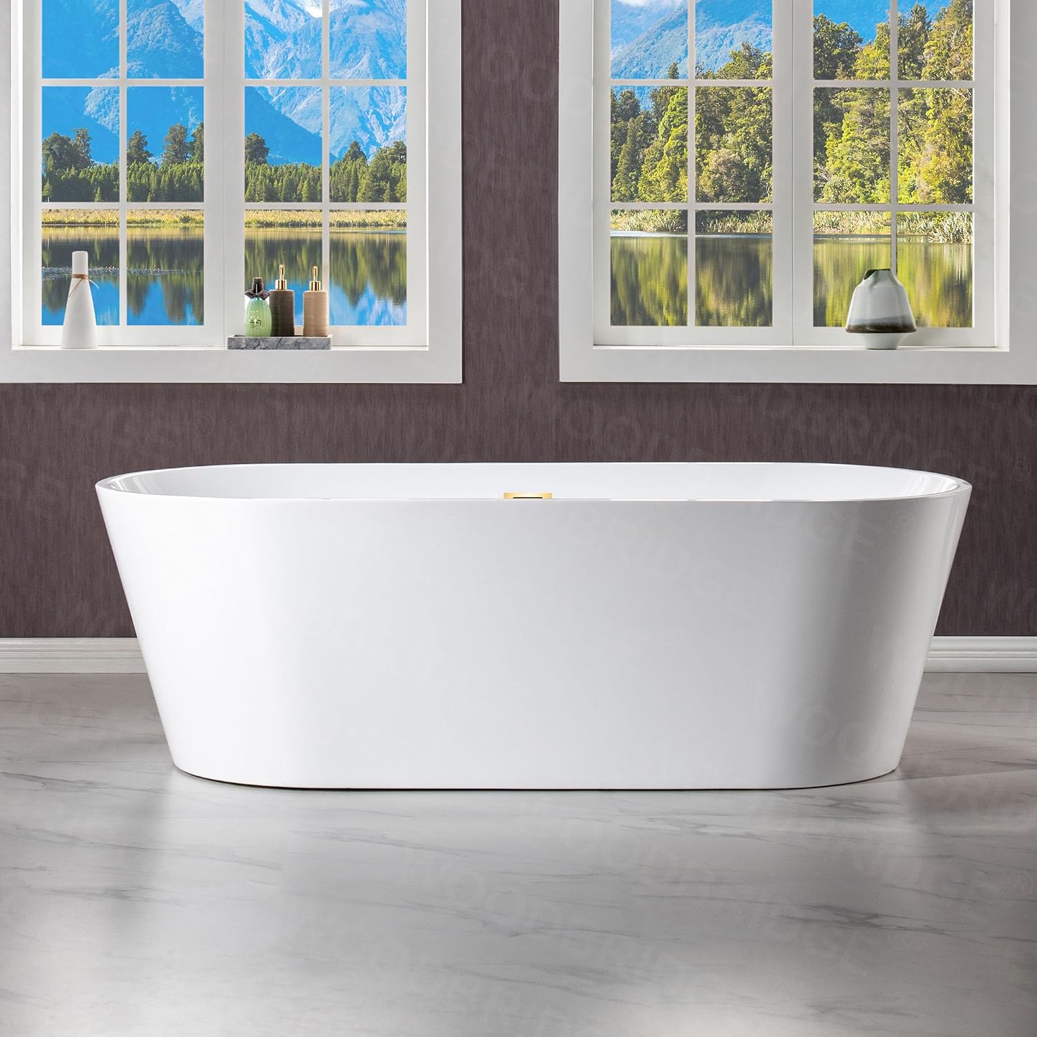WOODBRIDGE 71' Acrylic Freestanding Bathtub Contemporary Soaking White Tub with Brushed Gold Overflow and Drain,B1701-BG