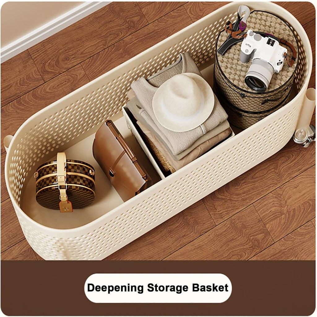 Rolling Metal Clothes Rack,Modern Garment Rack with Storage Basket – Double Rod Clothing Organizer on Wheels for Bedroom, Closet or Entryway – Coat Stand with Hooks(White,60cm(23.6in))