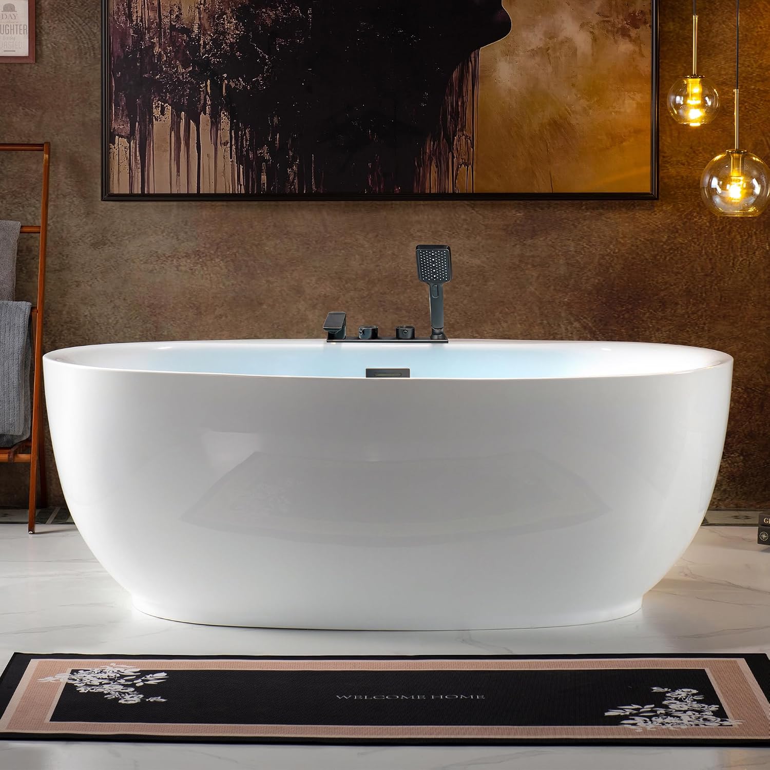 WOODBRIDGE 66' Acrylic Freestanding Bathtub Contemporary Soaking White Tub with F0044 Deck-Mount Faucet in Oil Rubbed Bronze