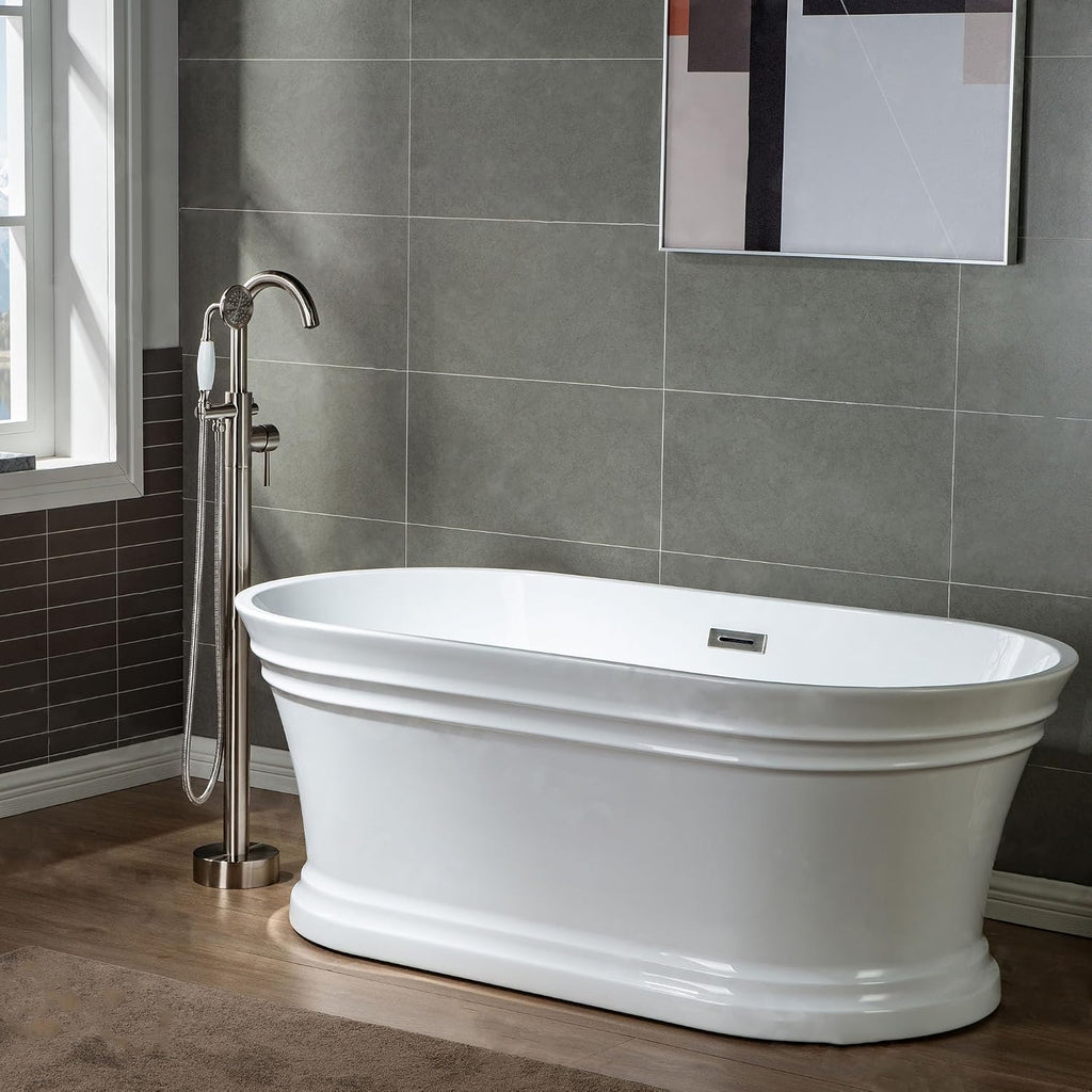 WOODBRIDGE F0001BNVT Fusion Single Handle Floor Mount Freestanding Tub Filler Faucet with Telephone Hand shower in Brushed Nickel Finish