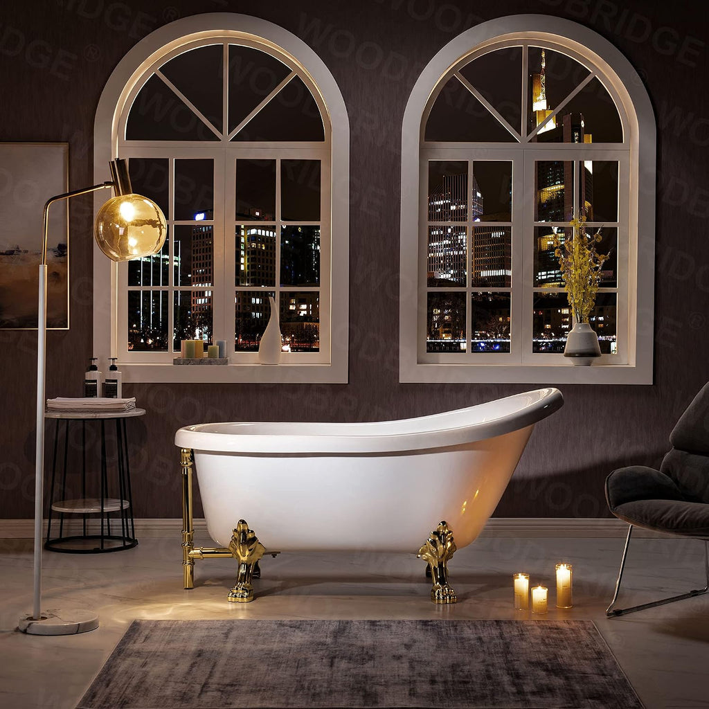 WOODBRIDGE 59' Heavy Duty Acrylic Slipper Clawfoot Bath Tub with Polished Gold Feet + Polished Gold Drain &Overflow