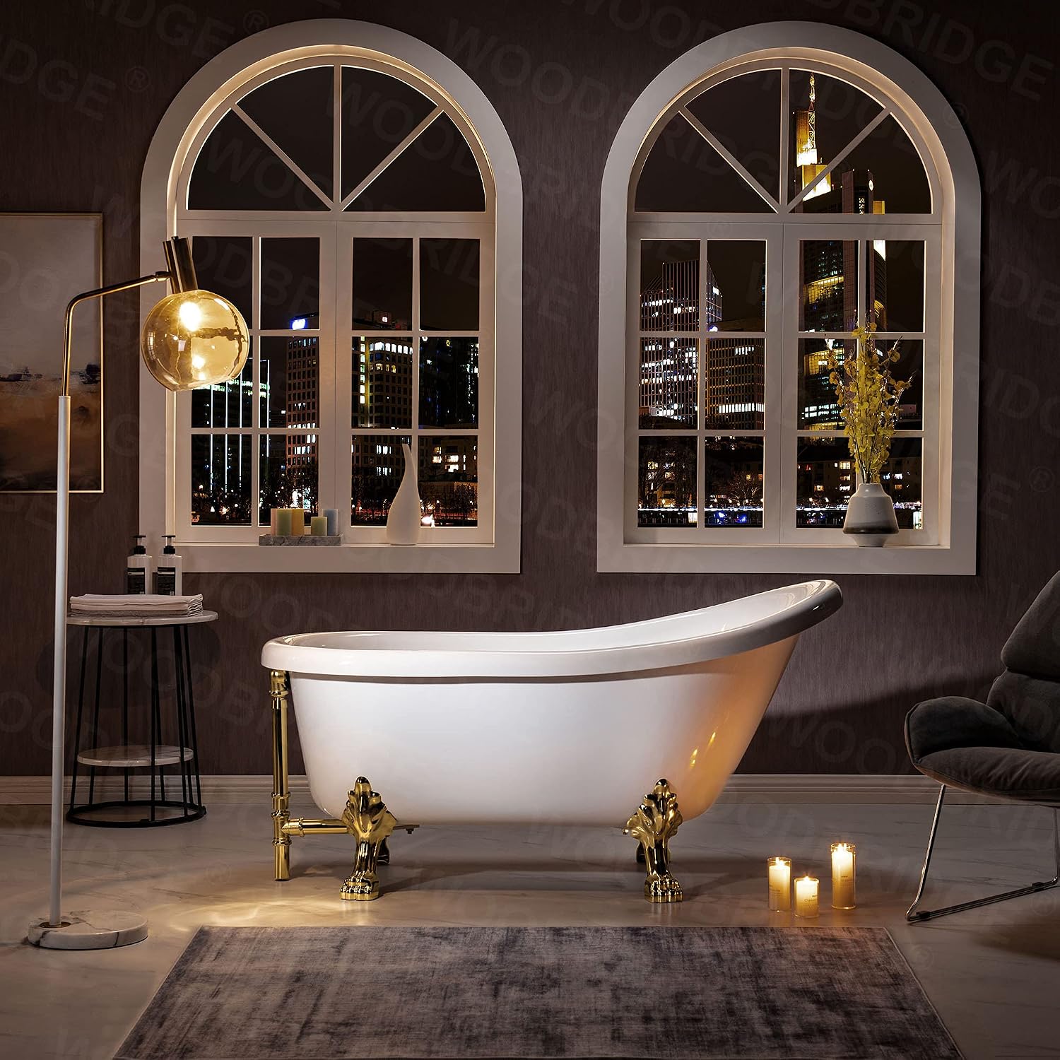 WOODBRIDGE 59' Heavy Duty Acrylic Slipper Clawfoot Bath Tub with Polished Gold Feet + Polished Gold Drain &Overflow