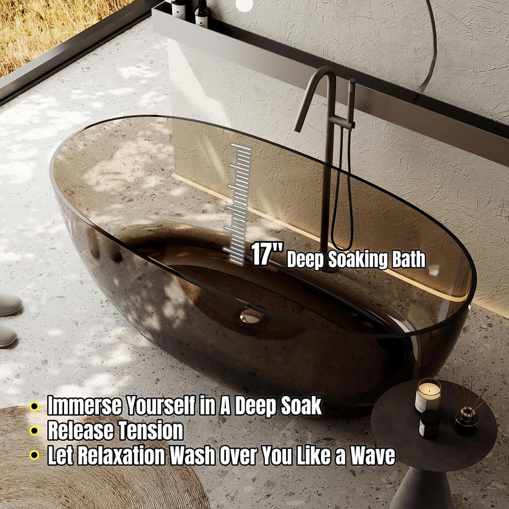 56' Edeyeu Freestanding Bathtub - Clear Oval Resin Extra Deep Soaking Tub, Ergonomic Solid Surface Bathtub Alternative With Handcrafted Finish for Luxury Modern Bathrooms Brown