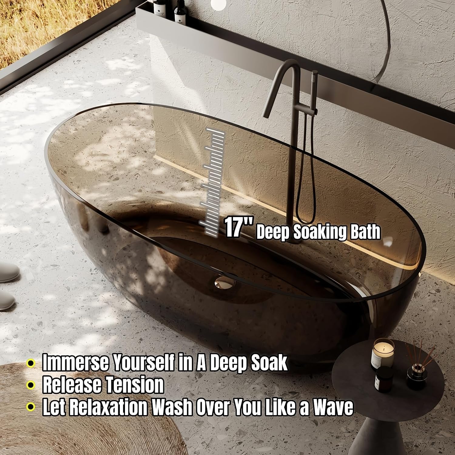 56' Edeyeu Freestanding Bathtub - Clear Oval Resin Extra Deep Soaking Tub, Ergonomic Solid Surface Bathtub Alternative With Handcrafted Finish for Luxury Modern Bathrooms Red A