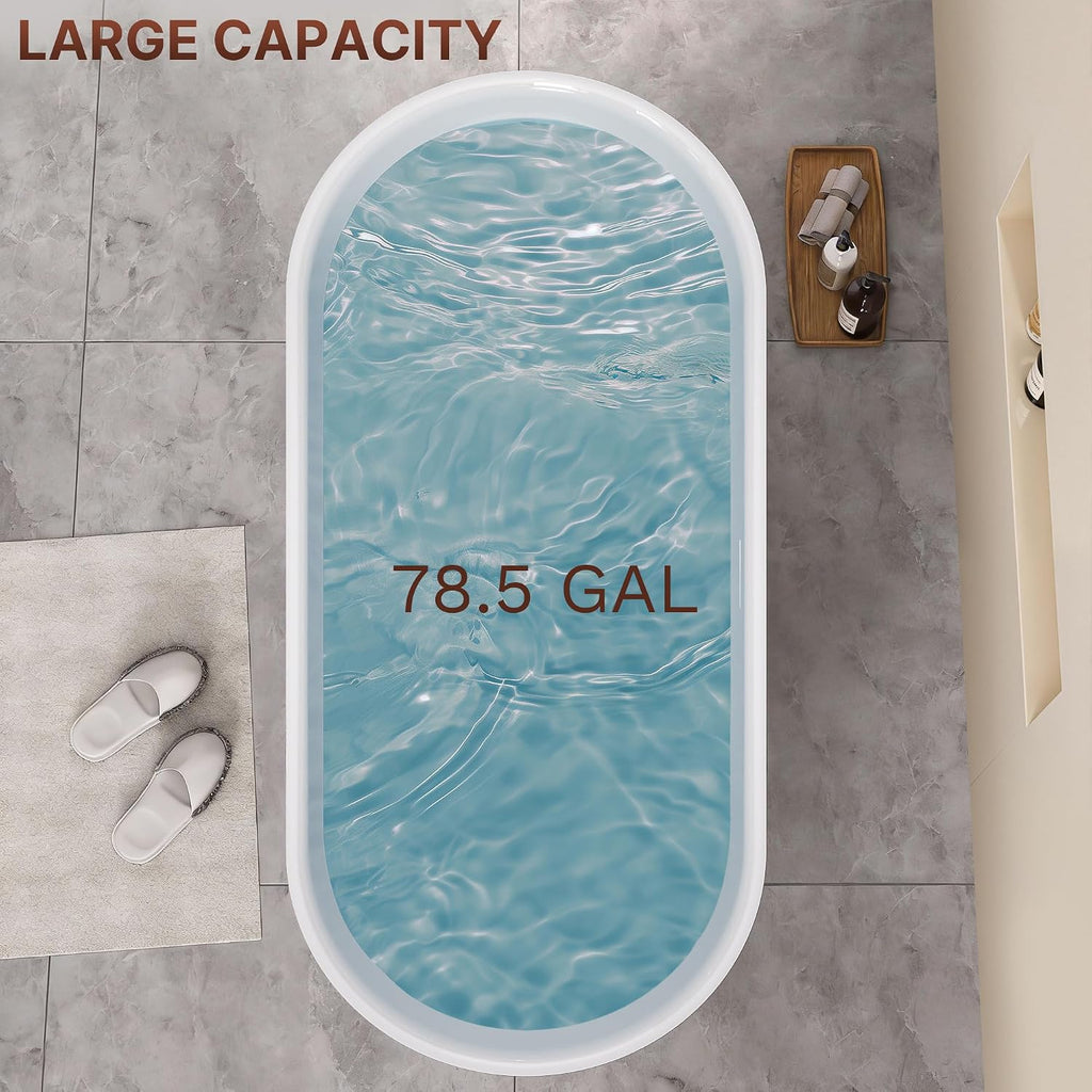 67' Freestanding Bathtub, Oval Deep Soaking Tub for Bathing, Modern Stand Alone Acrylic Bath Tub, with Integrated Overflow & Pop-Up Drain, cUPC Certified, Glossy White Finish