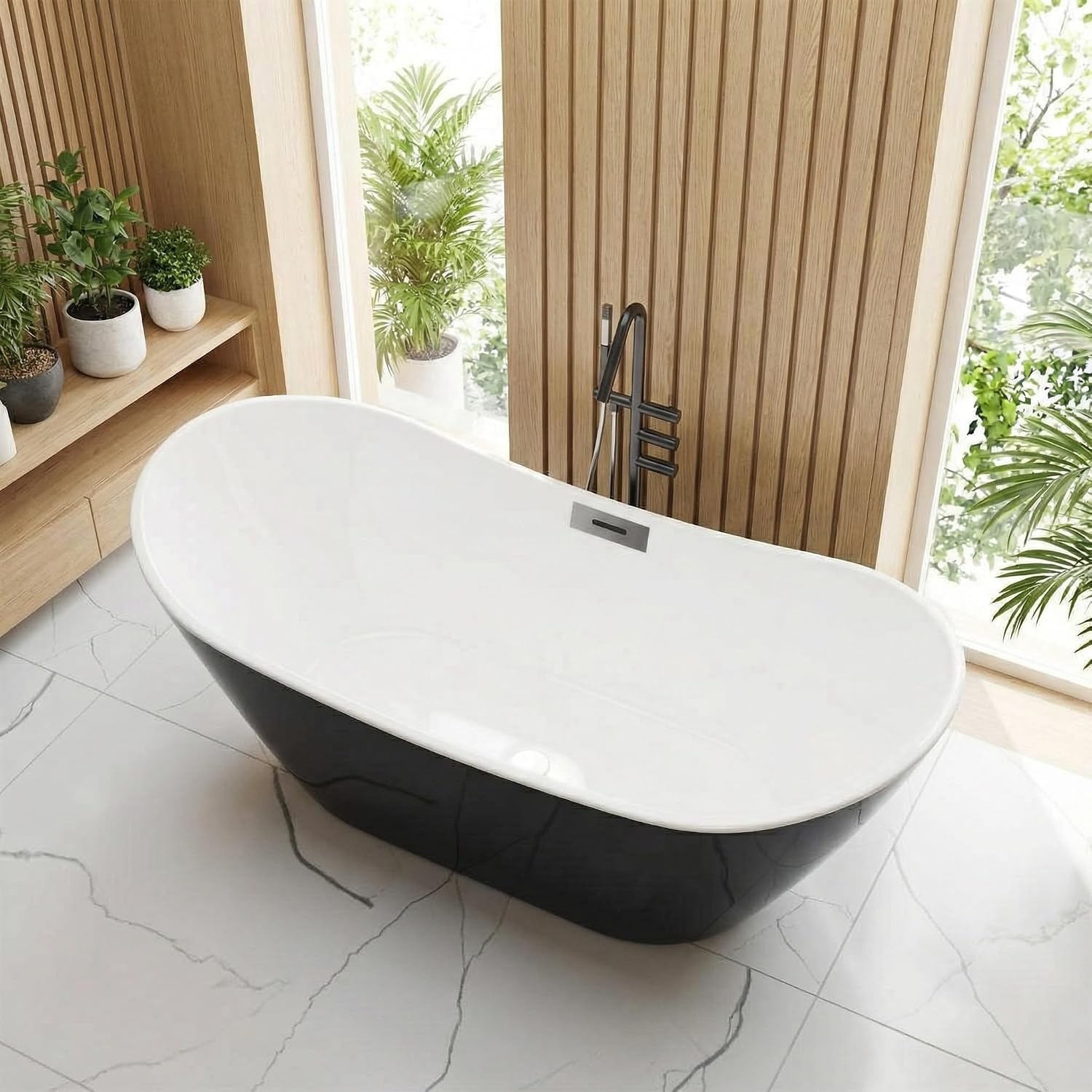 GarveeLife 67 Inch Black Freestanding Bathtub, Deep Soaking Acrylic Tub, Modern Standalone Soaker with Polished Chrome Overflow and Pop-Up Drain, Matte Black Finish