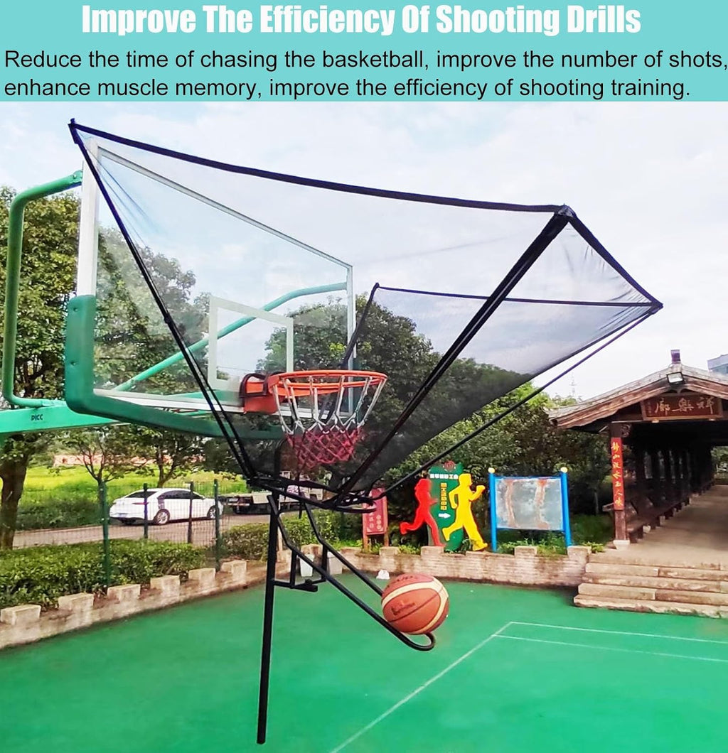 Metal Basketball Return Net with 180° Rotating Chute, Commercial Foldable Hanging Basketball Return Attachment with Storage Bag