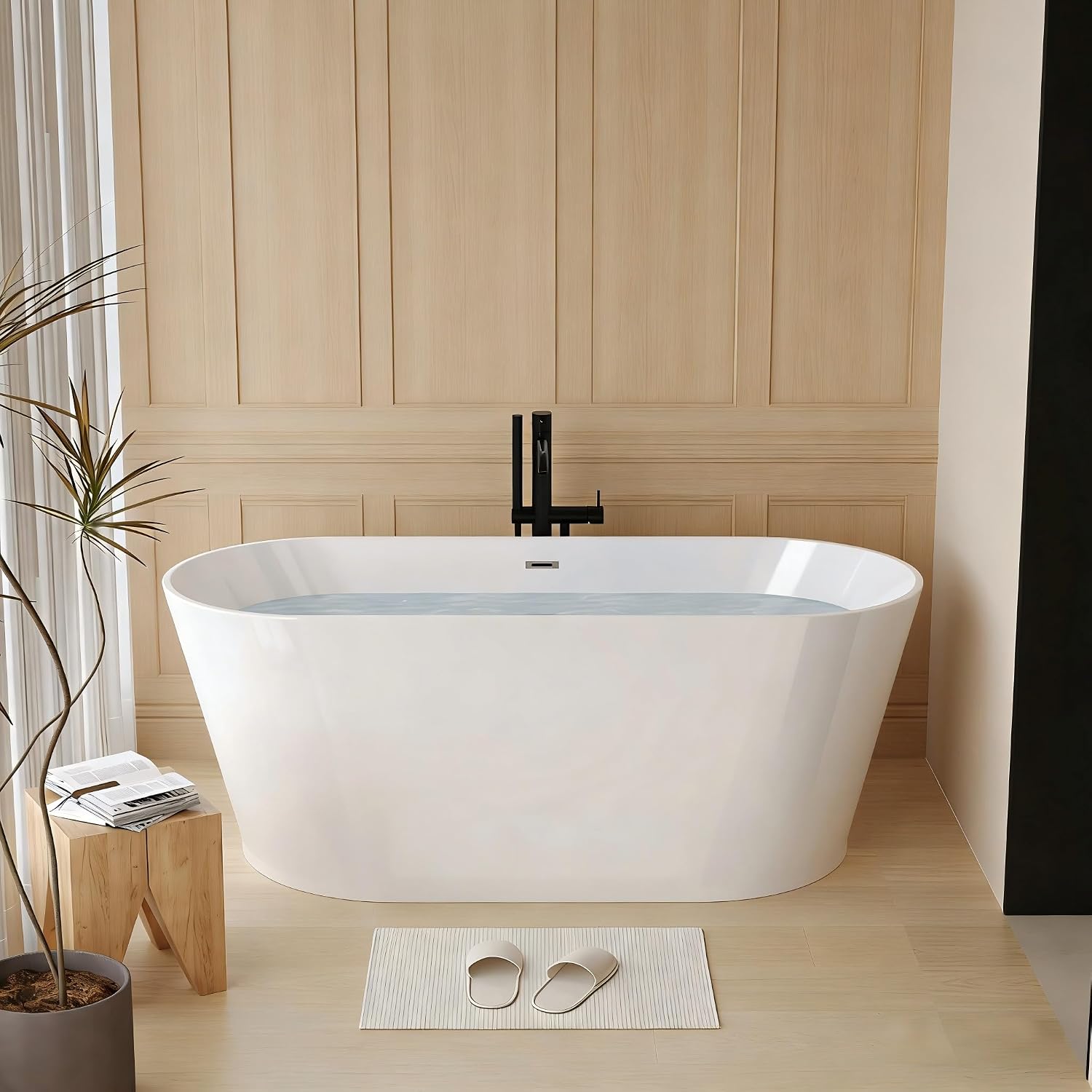 59 Inch Free Standing Bathtub,Made of Pure Acrylic Material with 8 Layers of Reinforced Coating,Cupc Certified,Spacious Ergonomic Design,Modern Luxury Bathtub,White