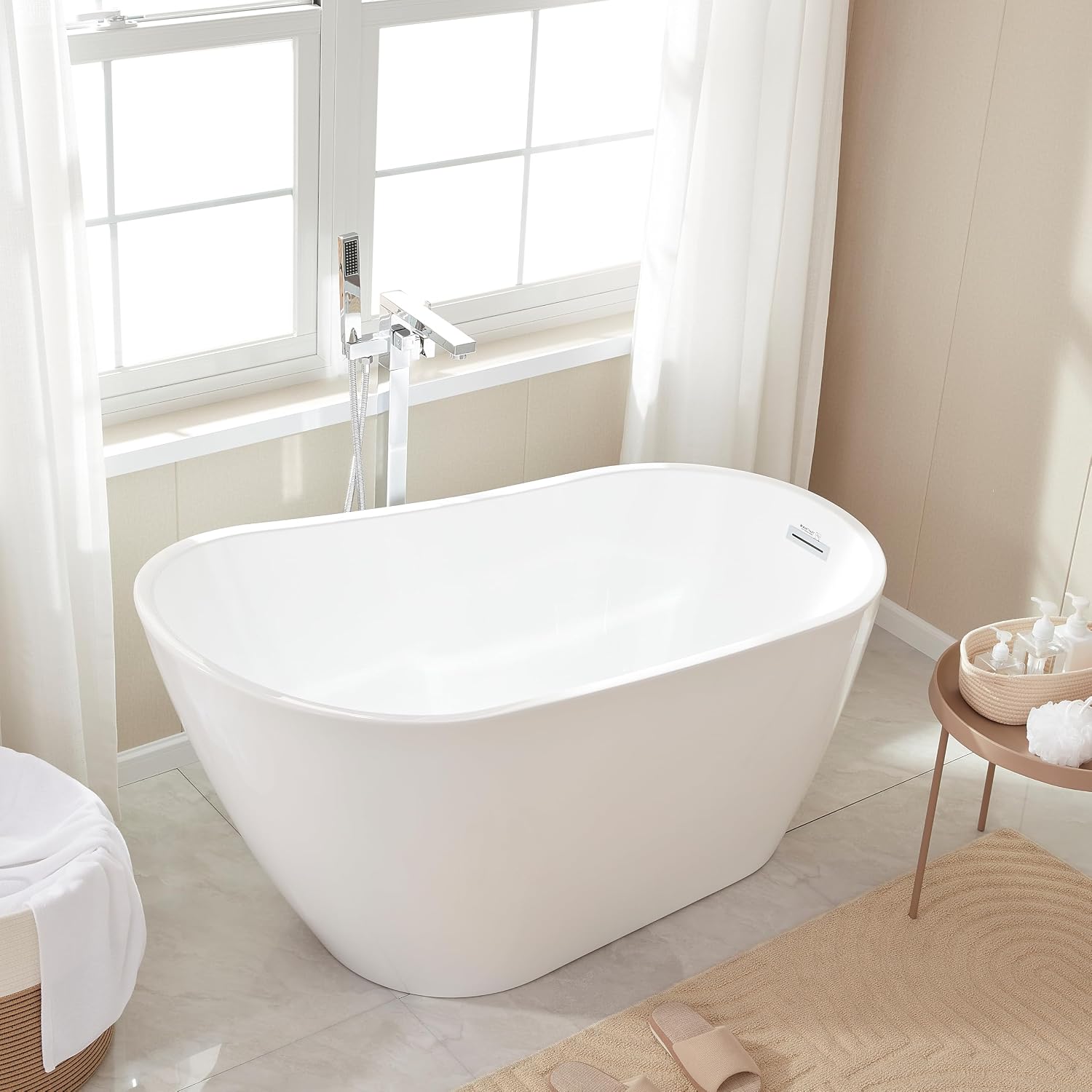 Vanity Art 55' Free Standing Tub Non-Slip Contemporary Design Freestanding Bathtub Soaking Tub with Overflow and Pop-up Drain, UPC Certified
