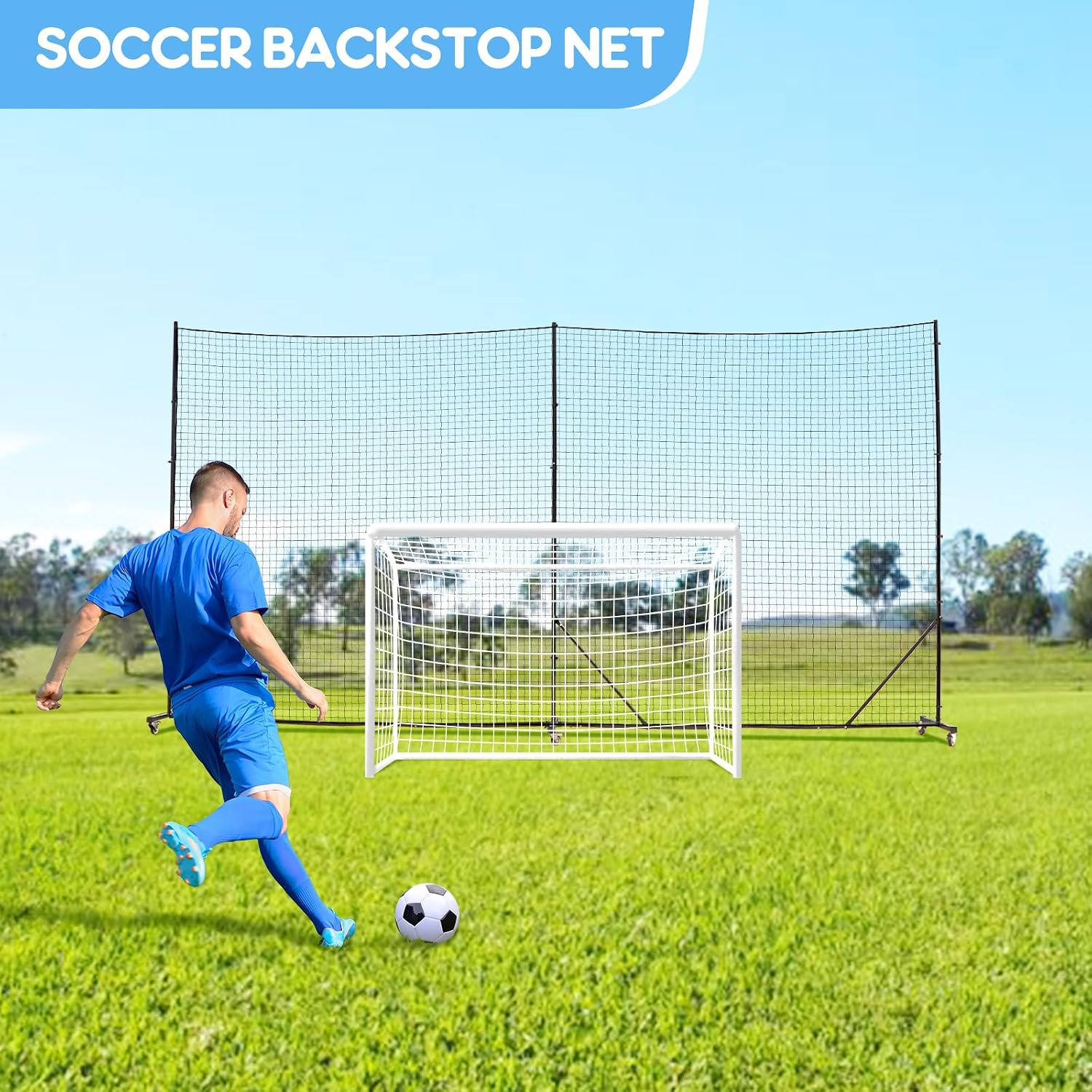 Ball Stop Net System with Wheels Movable Socketed Ball Stop Net Sports Netting Backyard 10FT to 12FT High Backstop Net for Barrier with Post from 10FT to 30FT Wide
