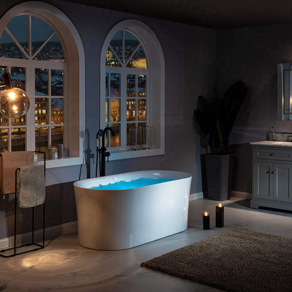 WOODBRIDGE 59' Air Bubble Acrylic Freestanding Bathtub Contemporary Soaking Tub, White Acrylic wirh Oil Rubbed Bronze Drain and Overflow,B0102-ORB
