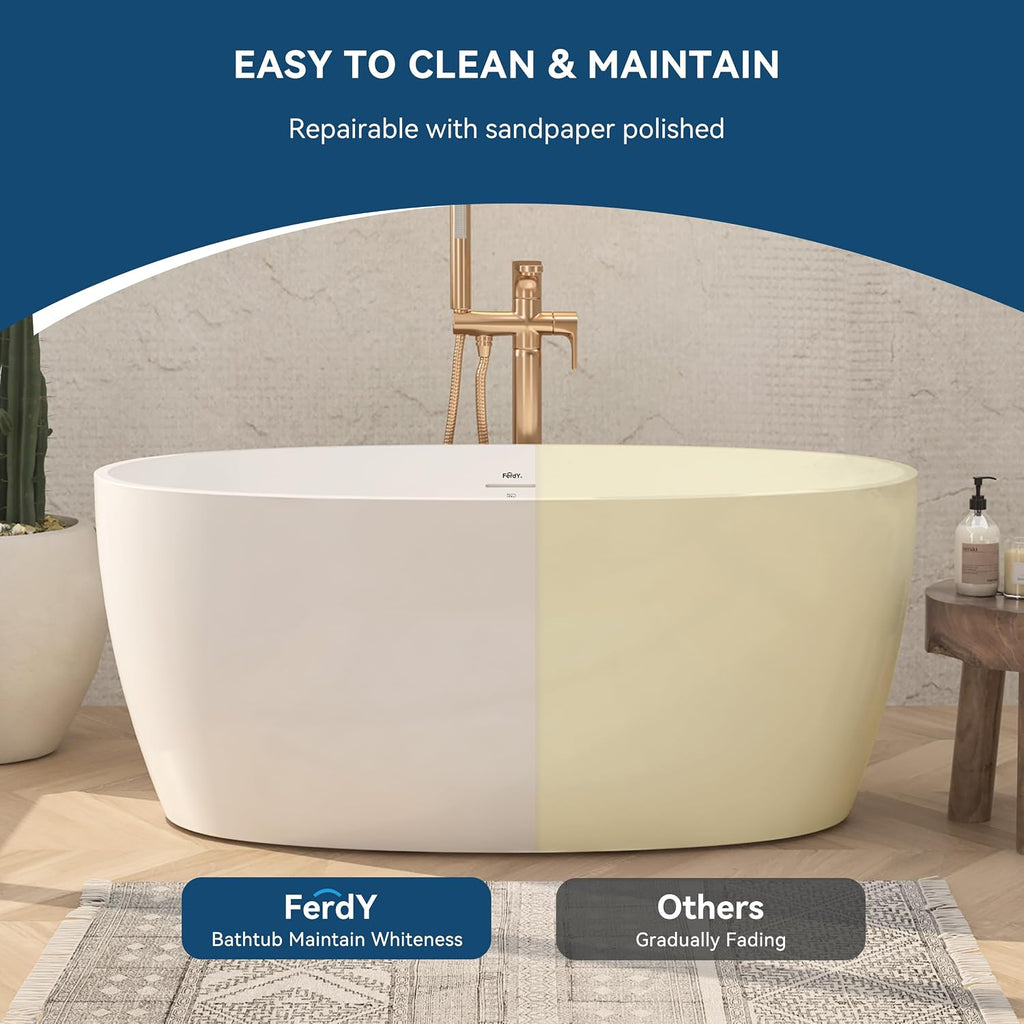FerdY 55' Acrylic Freestanding Bathtub, Contemporary Soaking tub with Chrome Drain & Overflow, Elegant Oval Shape, cUPC Certified, Tahiti