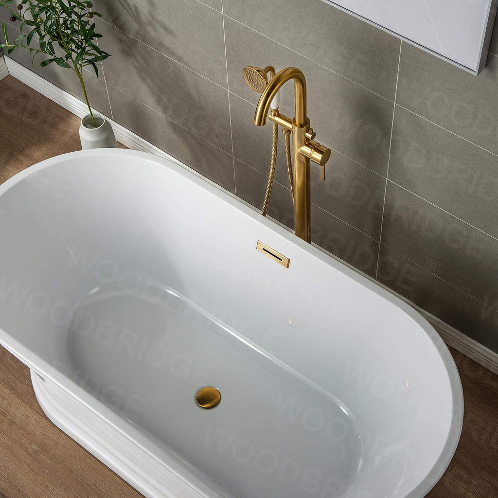WOODBRIDGE Contemporary Single Handle Floor Mount Freestanding Tub Filler Faucet with Hand Shower in (Brushed Gold) Finish,F0007-BGVT