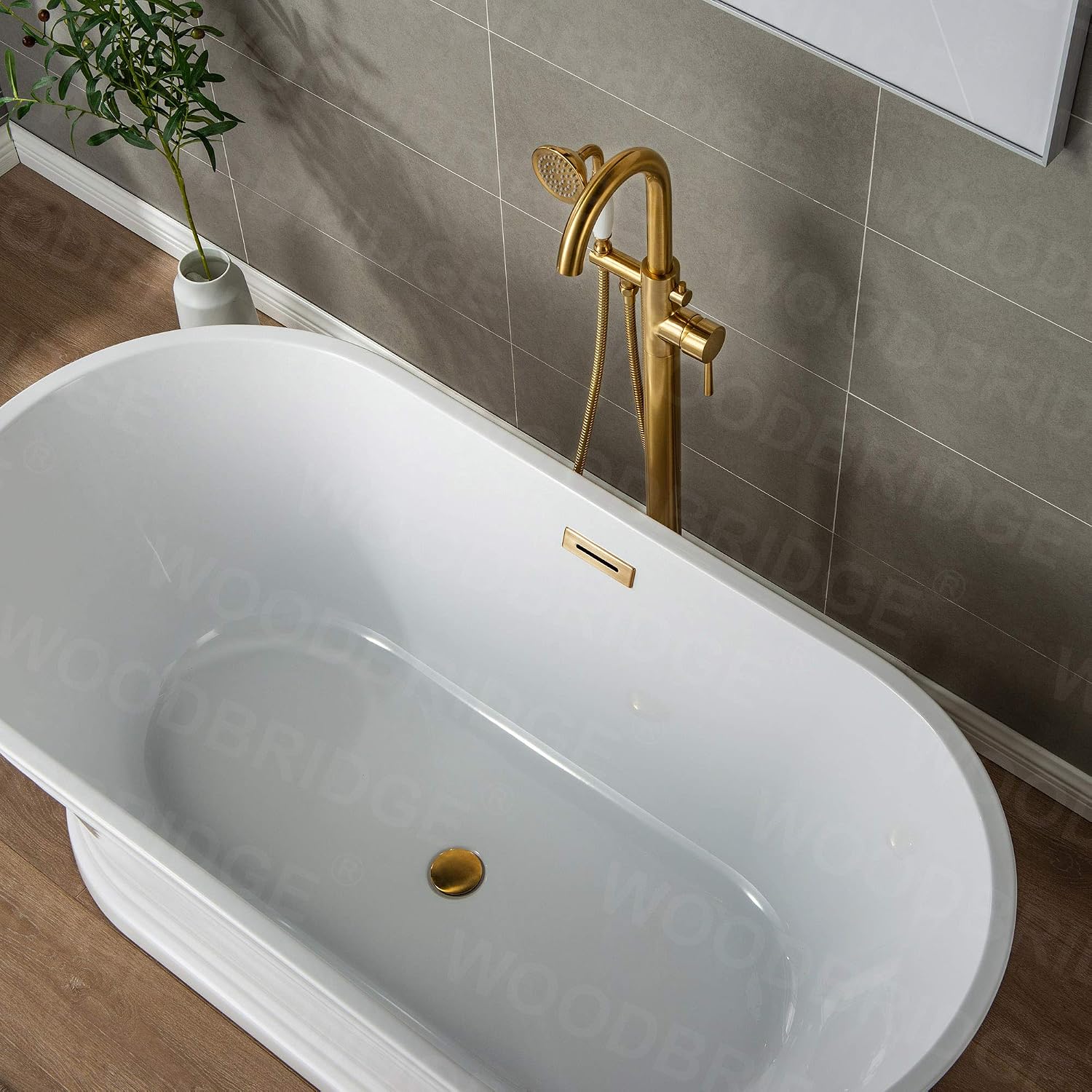 WOODBRIDGE Contemporary Single Handle Floor Mount Freestanding Tub Filler Faucet with Hand Shower in (Brushed Gold) Finish,F0007-BGVT