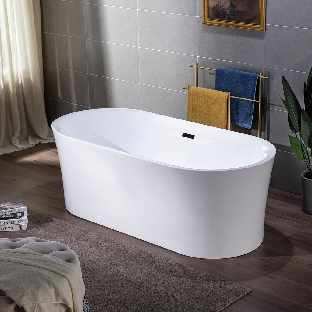 WOODBRIDGE 59' Acrylic Freestanding Bathtub Contemporary Soaking Tub with Matte Black Overflow and Drain,White Tub,B0058-MB