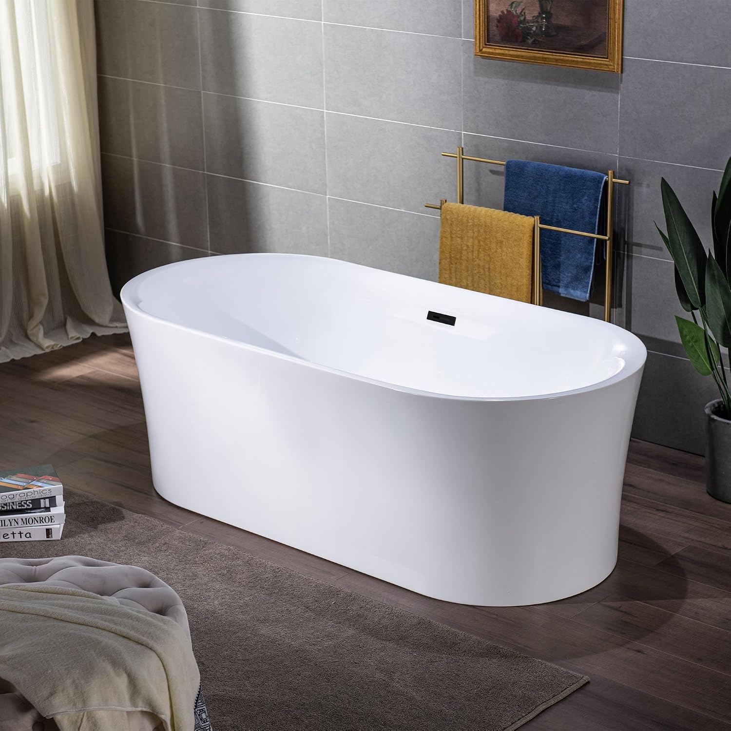 WOODBRIDGE 59' Acrylic Freestanding Bathtub Contemporary Soaking Tub with Matte Black Overflow and Drain,White Tub,B0058-MB