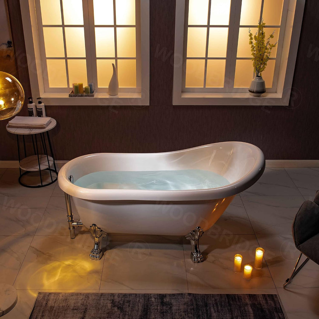 WOODBRIDGE 59' Heavy Duty Acrylic Slipper Clawfoot Bath Tub with Chrome Feet + Chrome Drain &Overflow
