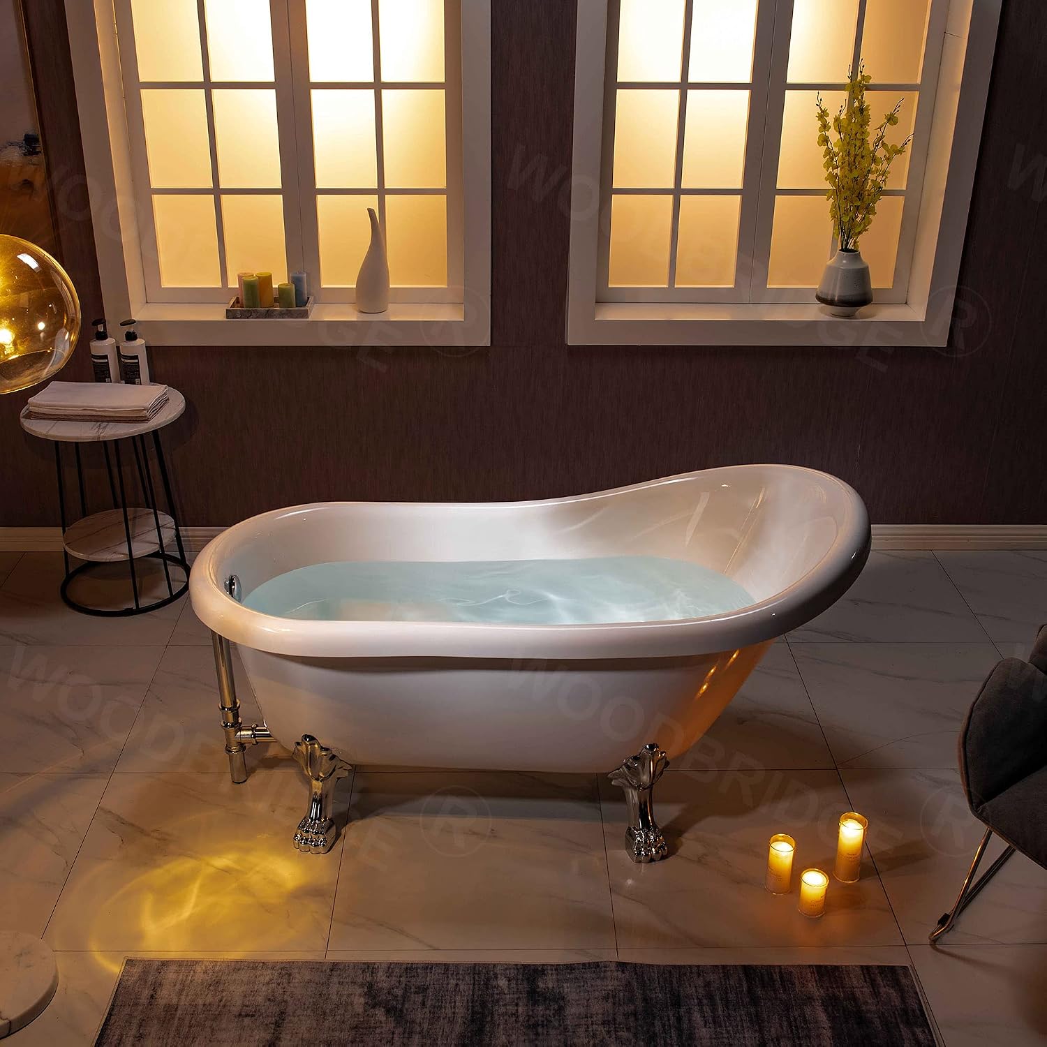 WOODBRIDGE 59' Heavy Duty Acrylic Slipper Clawfoot Bath Tub with Chrome Feet + Chrome Drain &Overflow