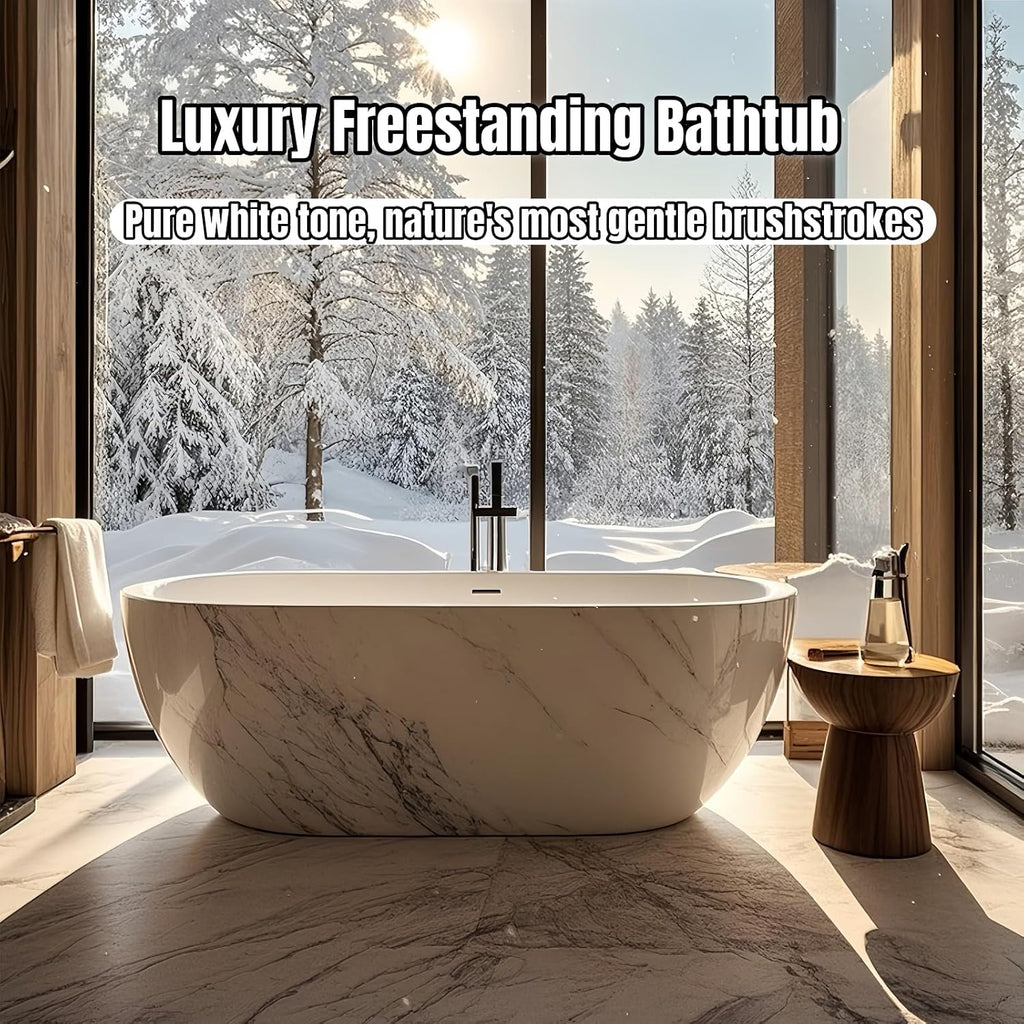 52' Edeyeu Freestanding Bathtub - Solid Surface, Extra Deep Soaking Tub, Luxurious Free Standing Bathtub for Home, Spa, Hotel, Durable Acrylic Soaker Tub with Modern Design, White