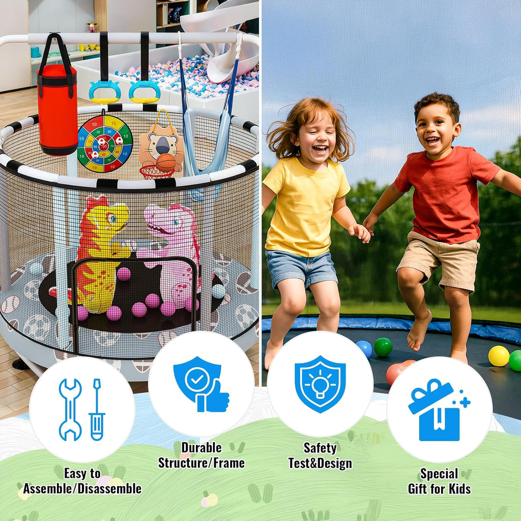 LAMERGE 55' 7-in-1 Round Trampoline for Kids Boys & Girls Ages 1-8, Indoor & Outdoor Trampoline for Fun, Adjustable Height Handrail ＆ Enclosed Safety Net ＆ Durable Designs for Toddlers Children