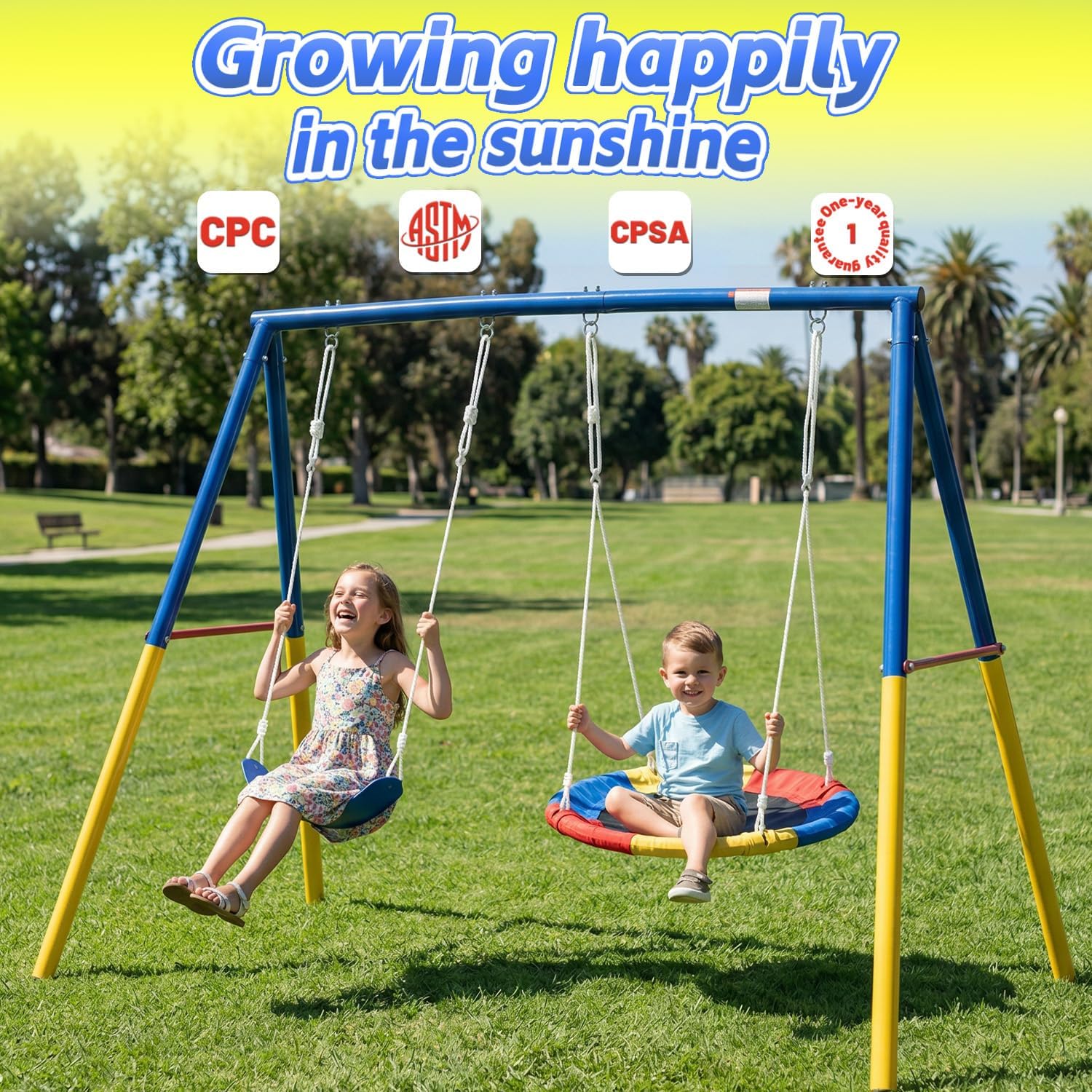 Swing Set for Backyard with Stand, Swing Heavy Duty 440lbs Metal Outdoor Swing Stand, Contain 1 Saucer 32' & 1 Belt seat 26.2' + 53in Blow Molded Slide for Playground, Backyard Playset