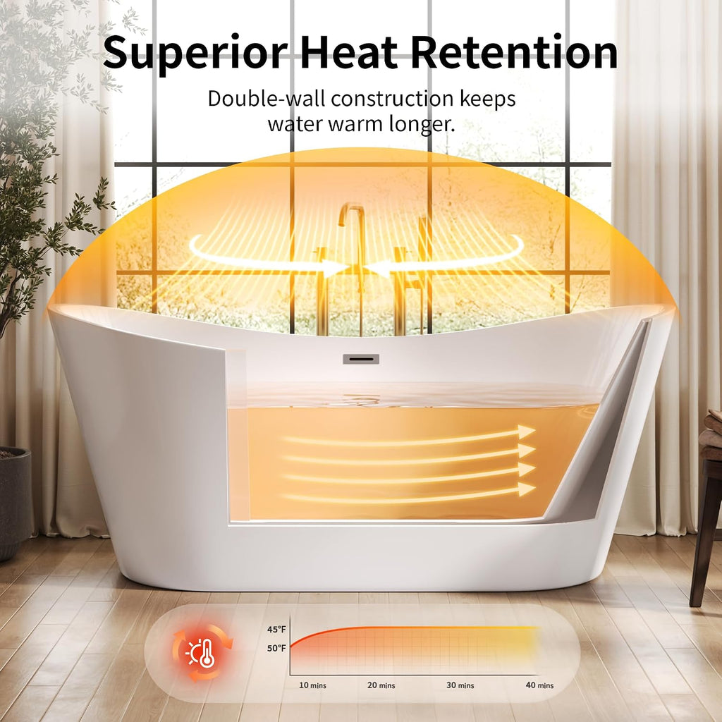 DeerValley 67' Freestanding Bathtub, Acrylic Soaking Tub with Center Drain & Integrated Overflow, Modern Standalone Shower Tub White, Deep Soaker, Ergonomic Design