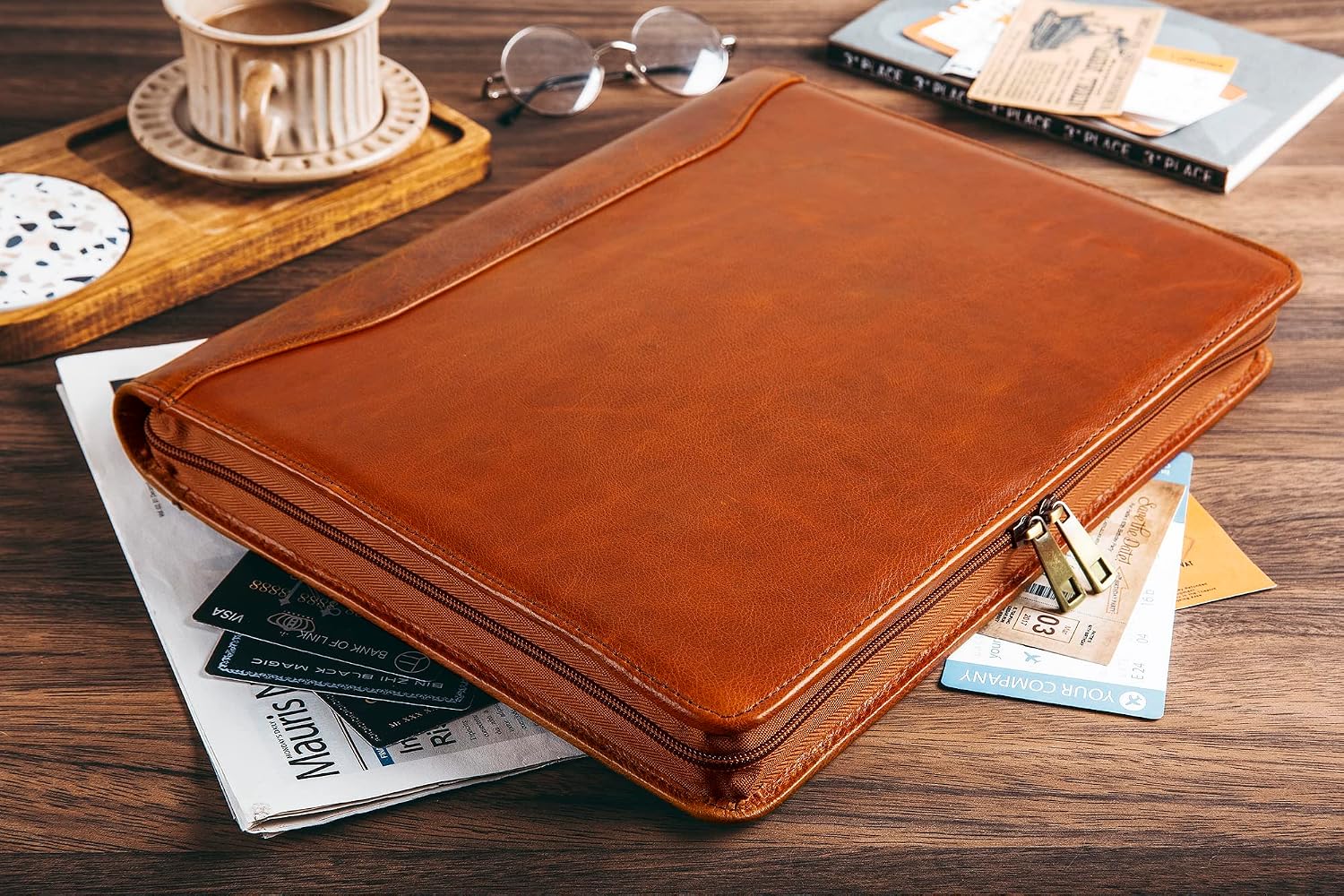 Genuine Leather Portfolio Binder, Oil Tanned Leather Binder 3 Ring, Personalized Portfolio Organizer for Men, Custom Padfolio Folder Women, Business Portfolio with Name/Logo Engraved (Brown, Custom)