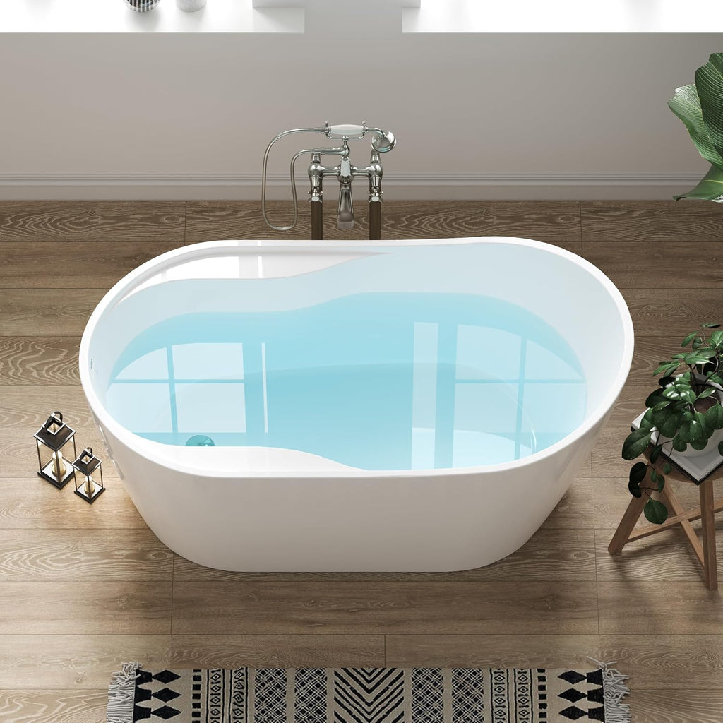 FerdY Lana'i 60' Freestanding Bathtub, Gracefully Shaped Freestanding Soaking tub, Glossy White, cUPC Certified, Polised Chrome Drain Assembly Included