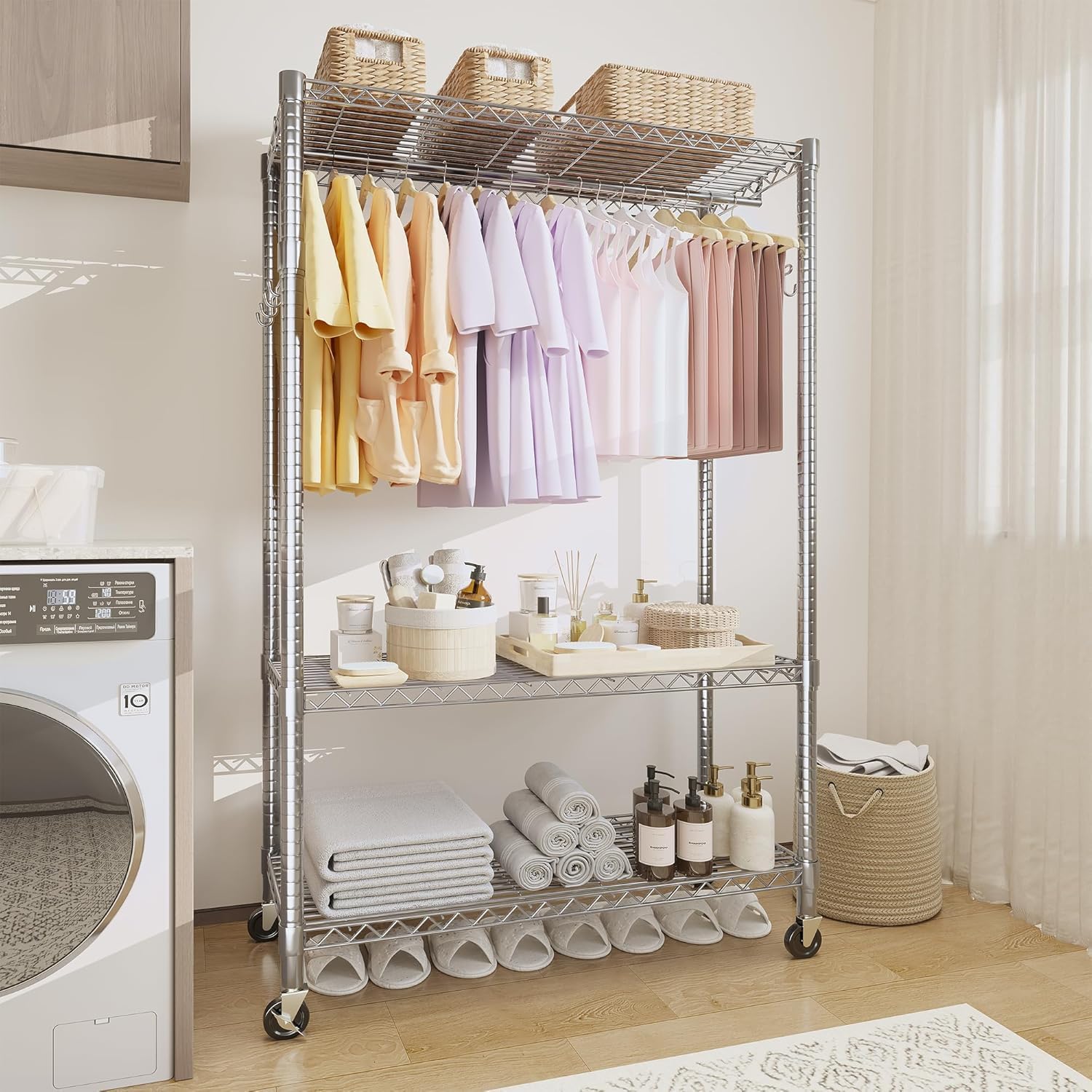 3-Tier Rolling Garment Rack, Heavy Duty Clothing Organizer with Adjustable Shelves & Dual Hanging Rods, Freestanding Metal Rack with Locking Casters for Bedroom, Closet, Dorm, Laundry Room - Silver