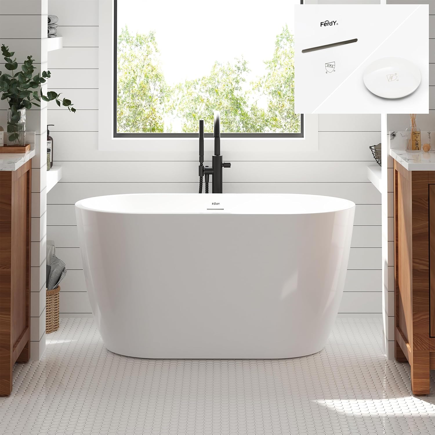 FerdY 47' Bali Acrylic Freestanding Bathtub, Gracefully Shaped Freestanding Soaking Bathtub, cUPC Certified, Toe-Tap White Drain&FerdY Back Scrubber for Shower,Long Handled Loofah on a Stick