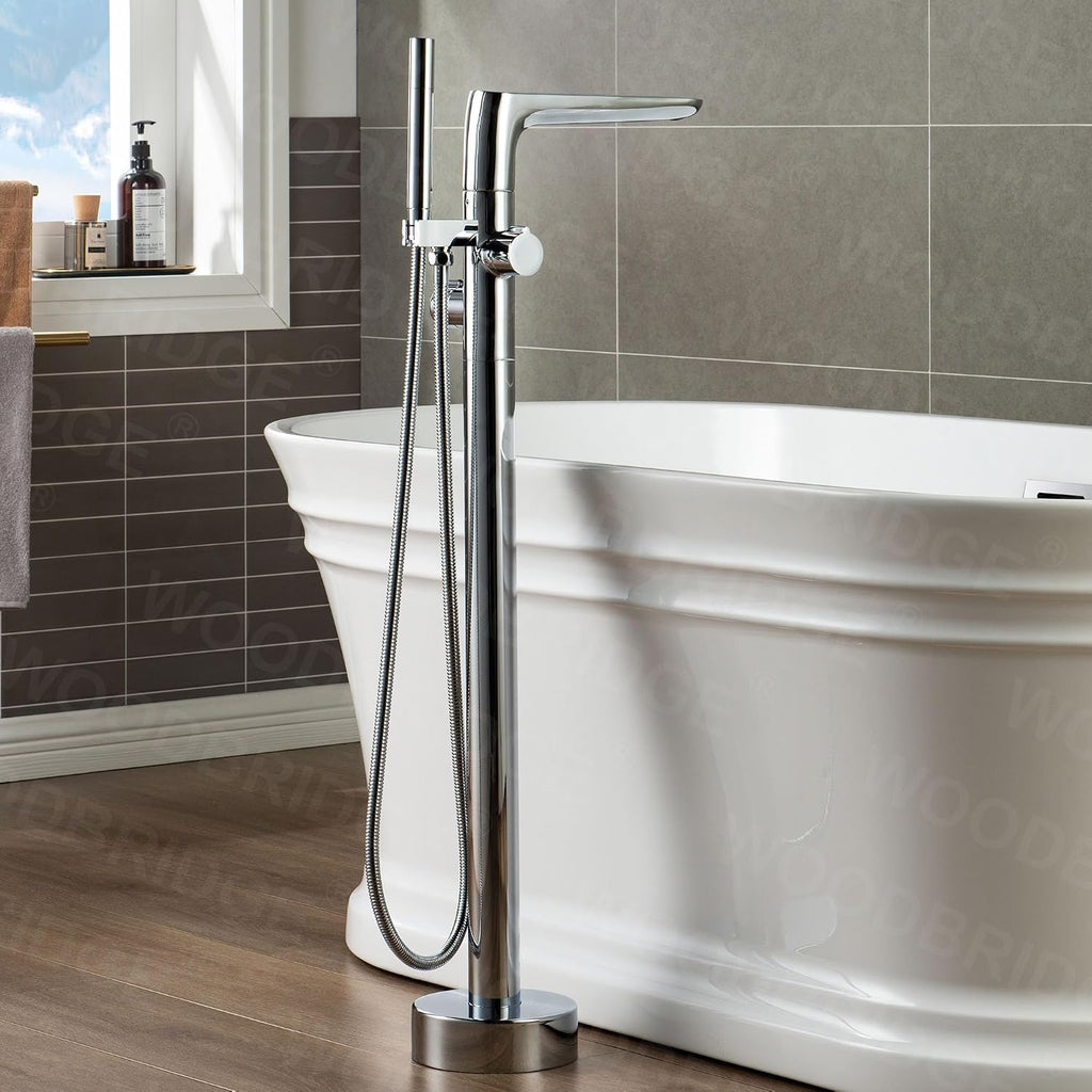 WOODBRIDGE Contemporary Single Handle Floor Mount Freestanding Tub Filler Faucet with Hand shower in Chrome Finish,F0013CH