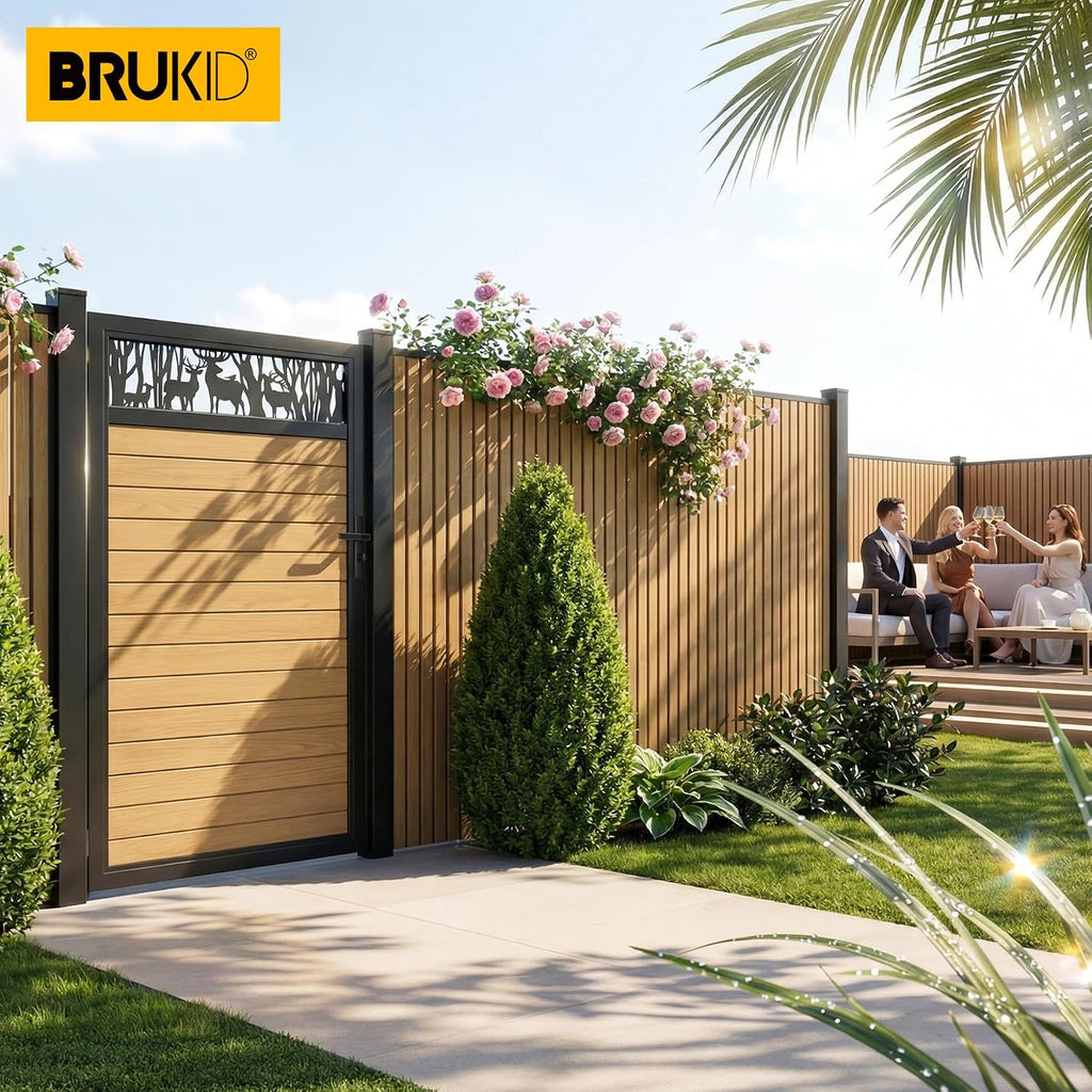4x6 FT Aluminum Fence Gate Kit Wood Grain Aluminum Gate with Decorative Cutout, Lock & Hinges, Left/Right Opening, Weather Resistant for Yard Garden Patio