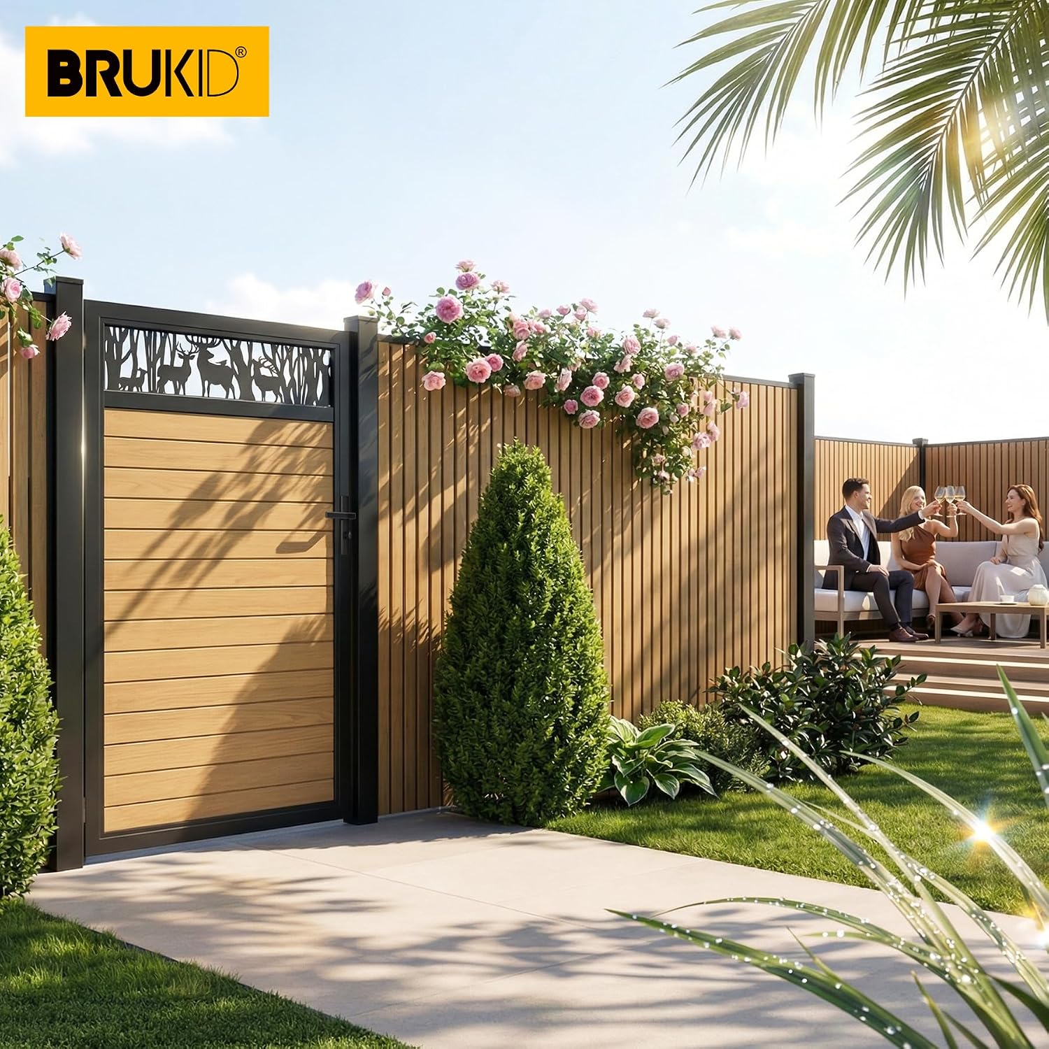 4x6 FT Aluminum Fence Gate Kit Wood Grain Aluminum Gate with Decorative Cutout, Lock & Hinges, Left/Right Opening, Weather Resistant for Yard Garden Patio