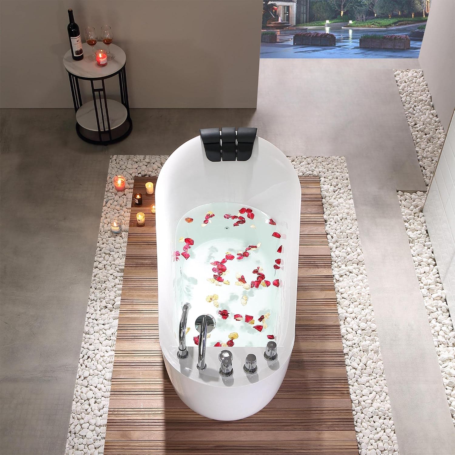 Empava 59 in. Acrylic Freestanding Tub Hydromassage Gracefully Oval Shaped Whirlpool 7 Water Jets Soaking SPA, Single-Ended Massage Bathtub with Black Pillow , White