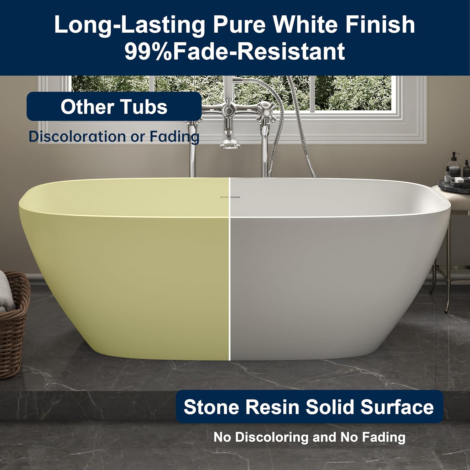 67'' Solid Surface Freestanding Bathtub, Stone Resin Free Standing Tub, Soaking Tub with Overflow and Pop-up Drain, 2 Person Bathtub, White