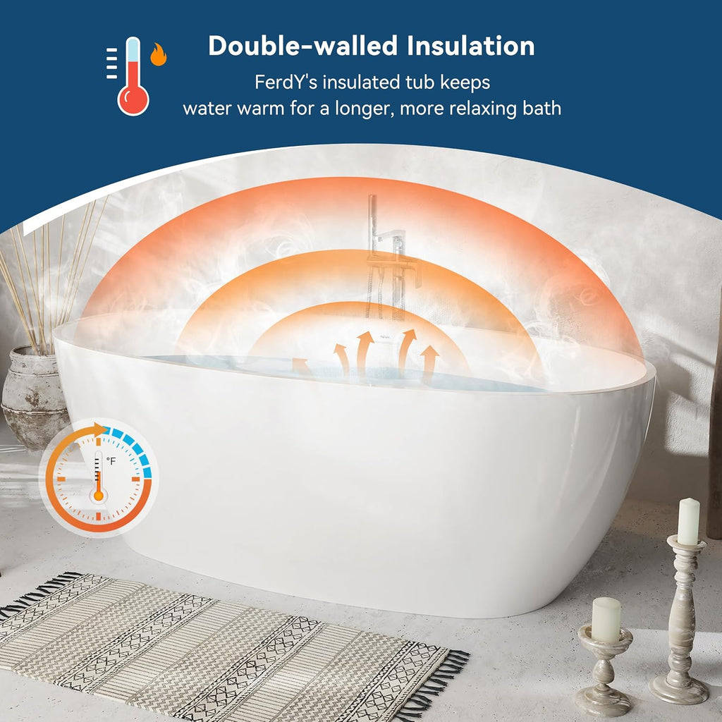 FerdY 67' Acrylic Freestanding Bathtub, Contemporary Soaking tub with Brushed Gold Drain, Elegant Oval Shape, cUPC Certified, Tahiti