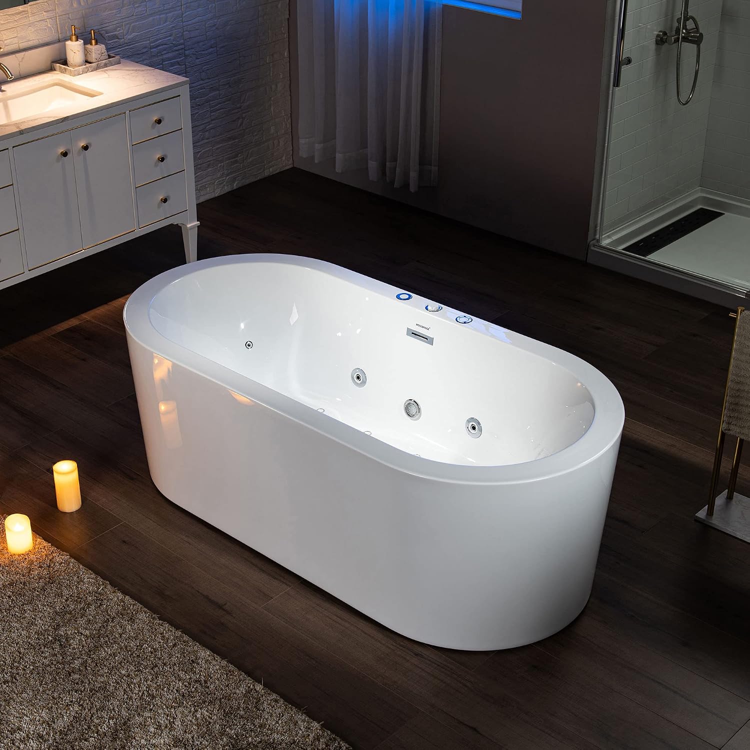 WOODBRIDGE 66-1/2' x 31-7/8' Whirlpool Water Jetted and Air Bubble Freestanding Heated Soaking Combination Bathtub, BJ200